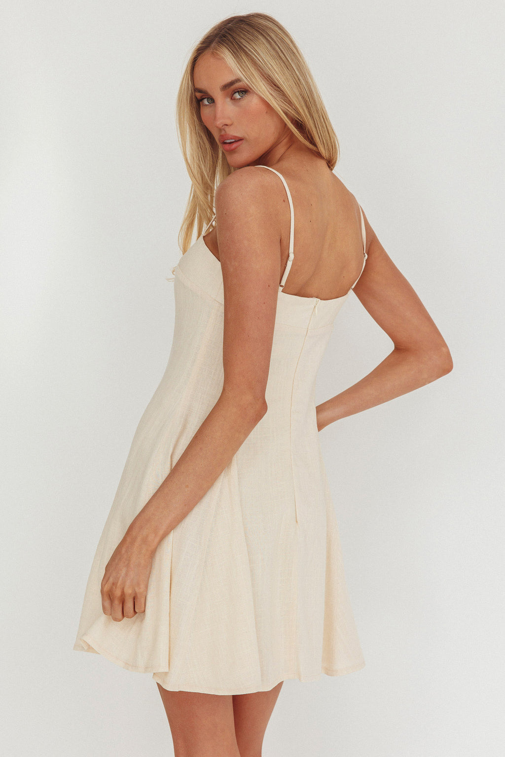 Fianna Button Front Godet Mini Dress Cream by Selfie Leslie Australia