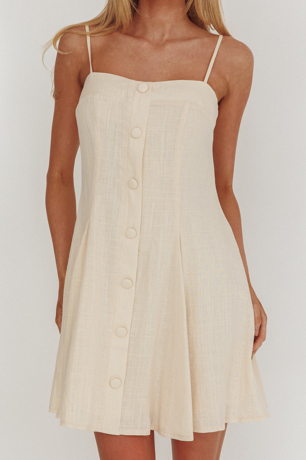Fianna Button Front Godet Mini Dress Cream by Selfie Leslie Australia