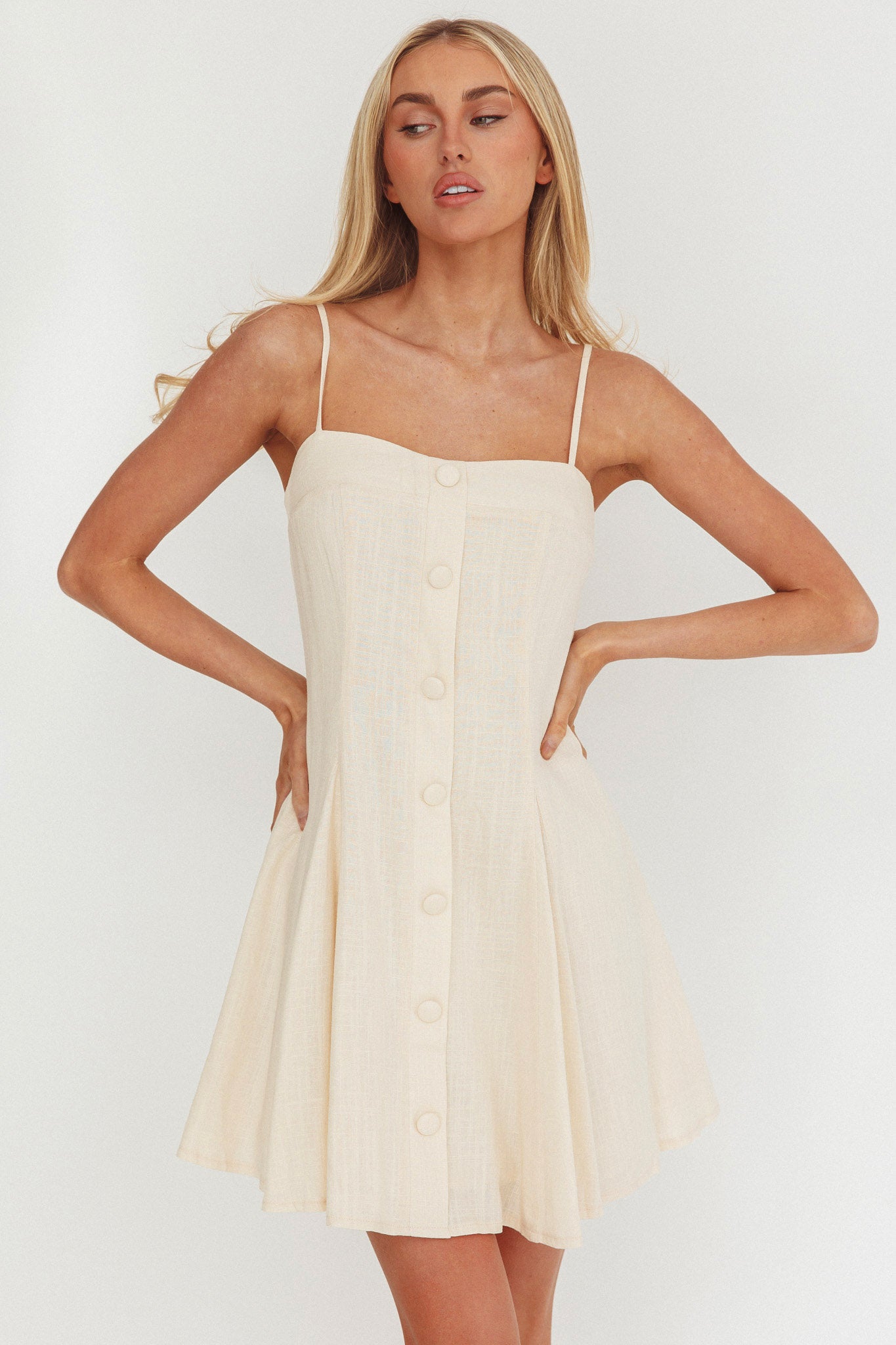 Fianna Button Front Godet Mini Dress Cream by Selfie Leslie Australia