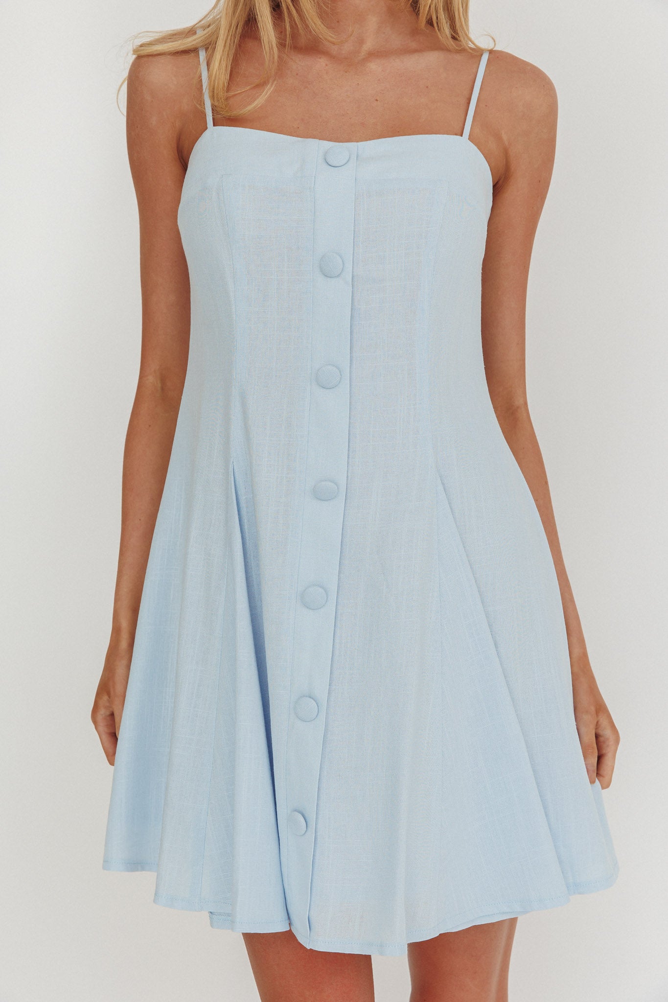 Fianna Button Front Godet Mini Dress Light Blue by Selfie Leslie Australia