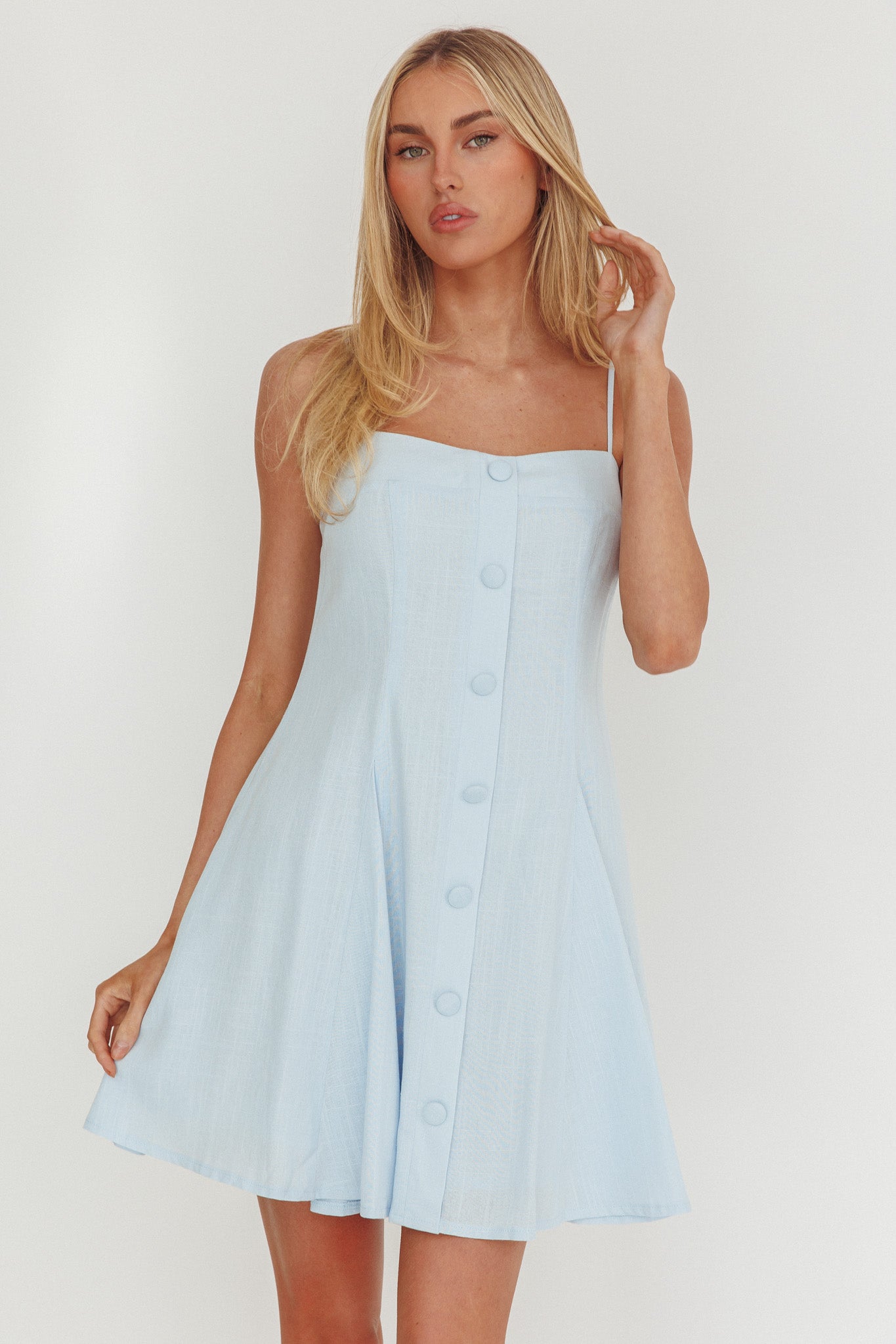 Fianna Button Front Godet Mini Dress Light Blue by Selfie Leslie Australia