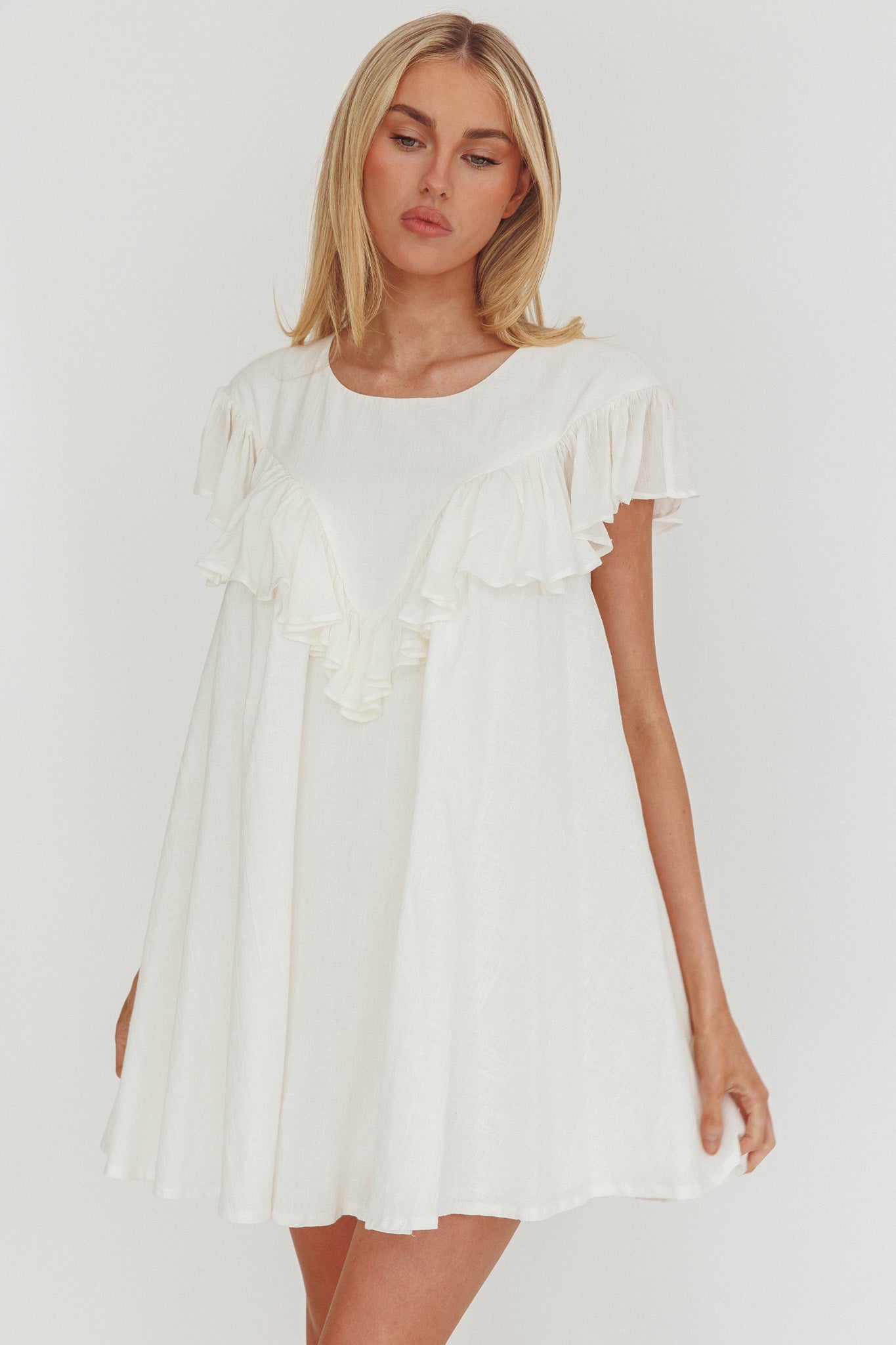 Sunshine Weekend Frill Trim Babydoll Mini Dress White by Selfie Leslie Australia