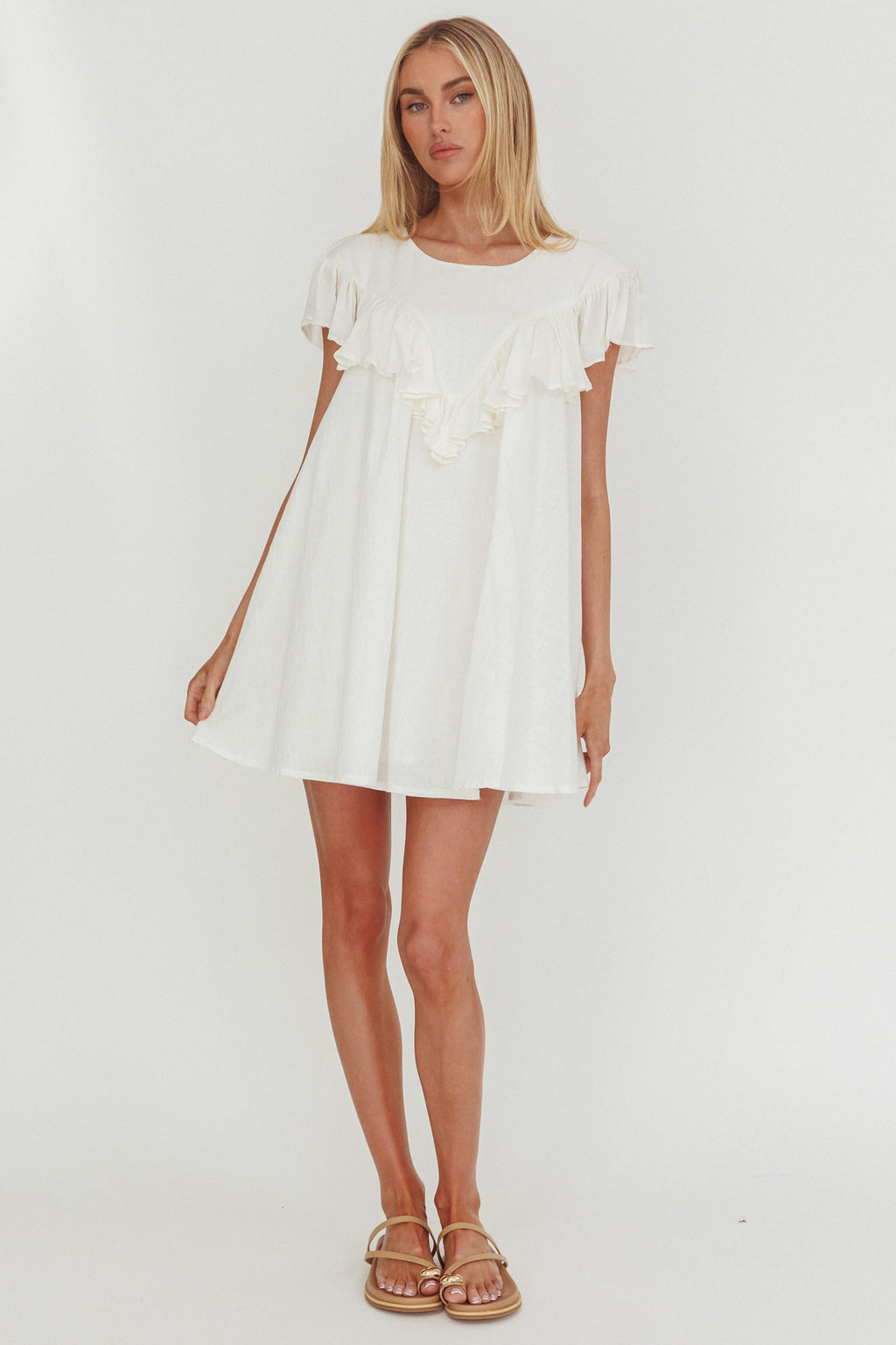 Sunshine Weekend Frill Trim Babydoll Mini Dress White by Selfie Leslie Australia