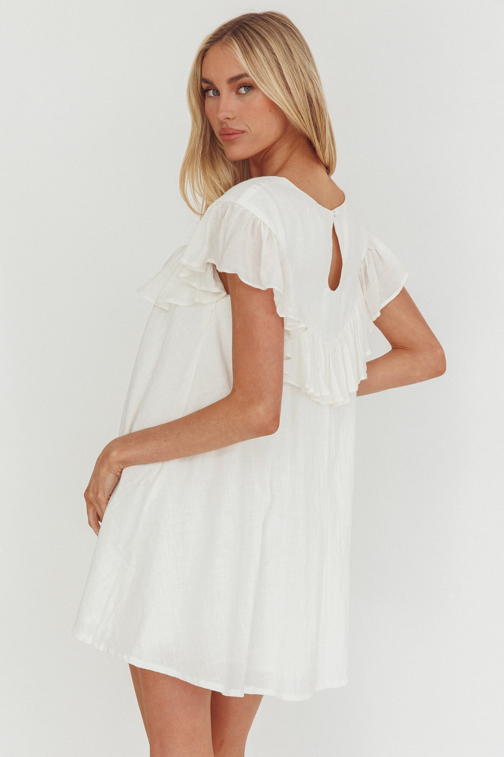 Sunshine Weekend Frill Trim Babydoll Mini Dress White by Selfie Leslie Australia