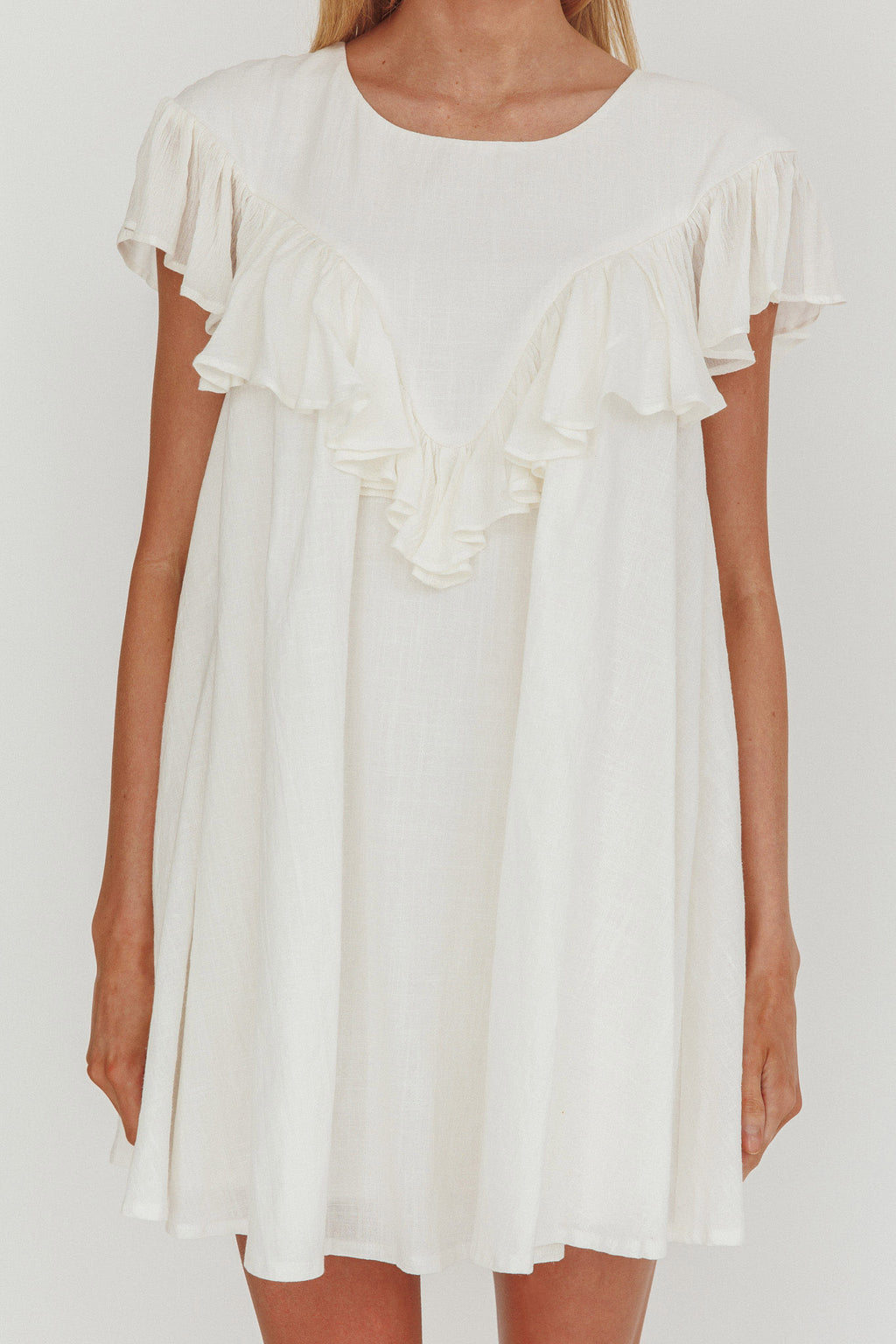 Sunshine Weekend Frill Trim Babydoll Mini Dress White by Selfie Leslie Australia