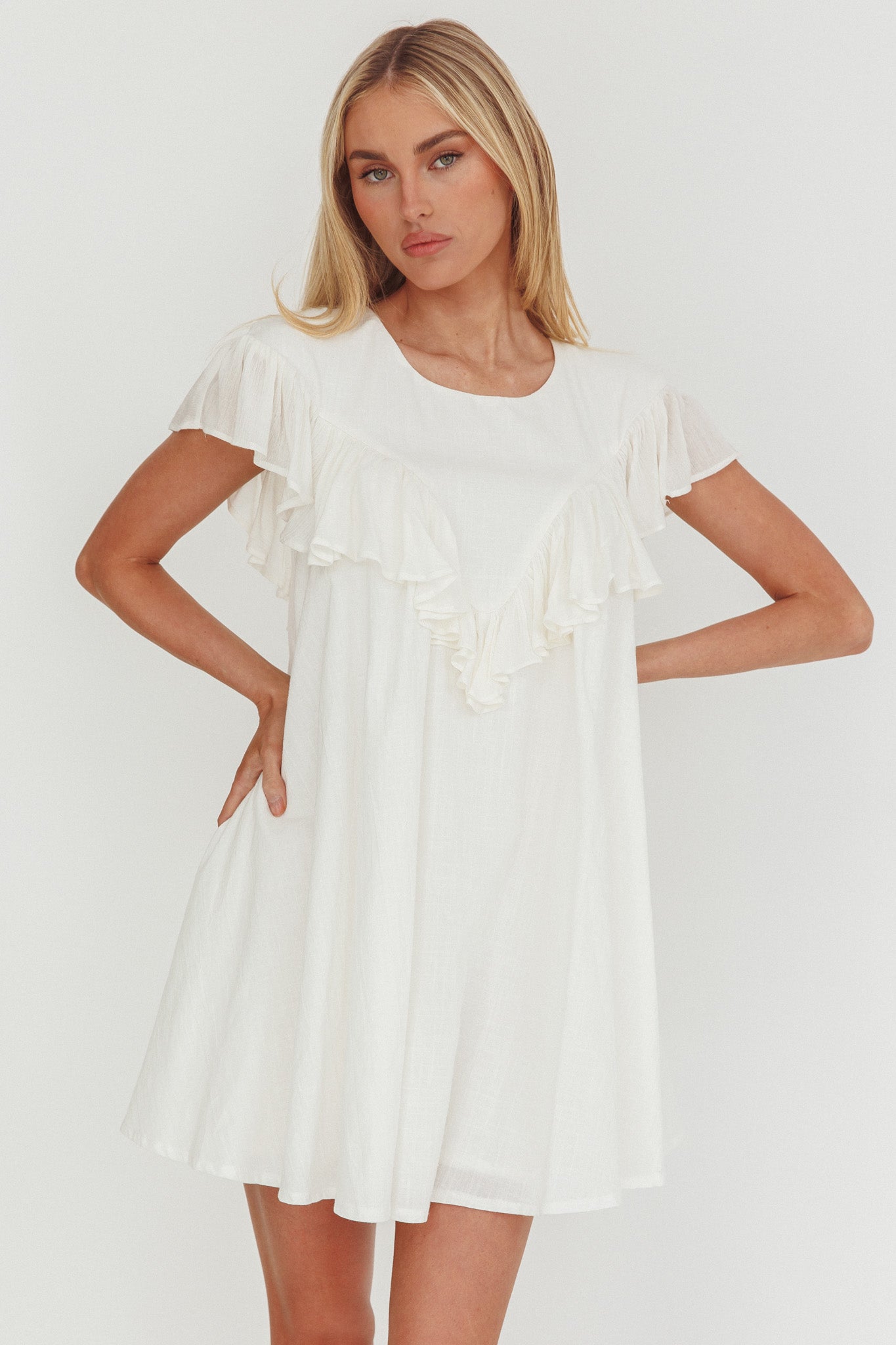 Sunshine Weekend Frill Trim Babydoll Mini Dress White by Selfie Leslie Australia
