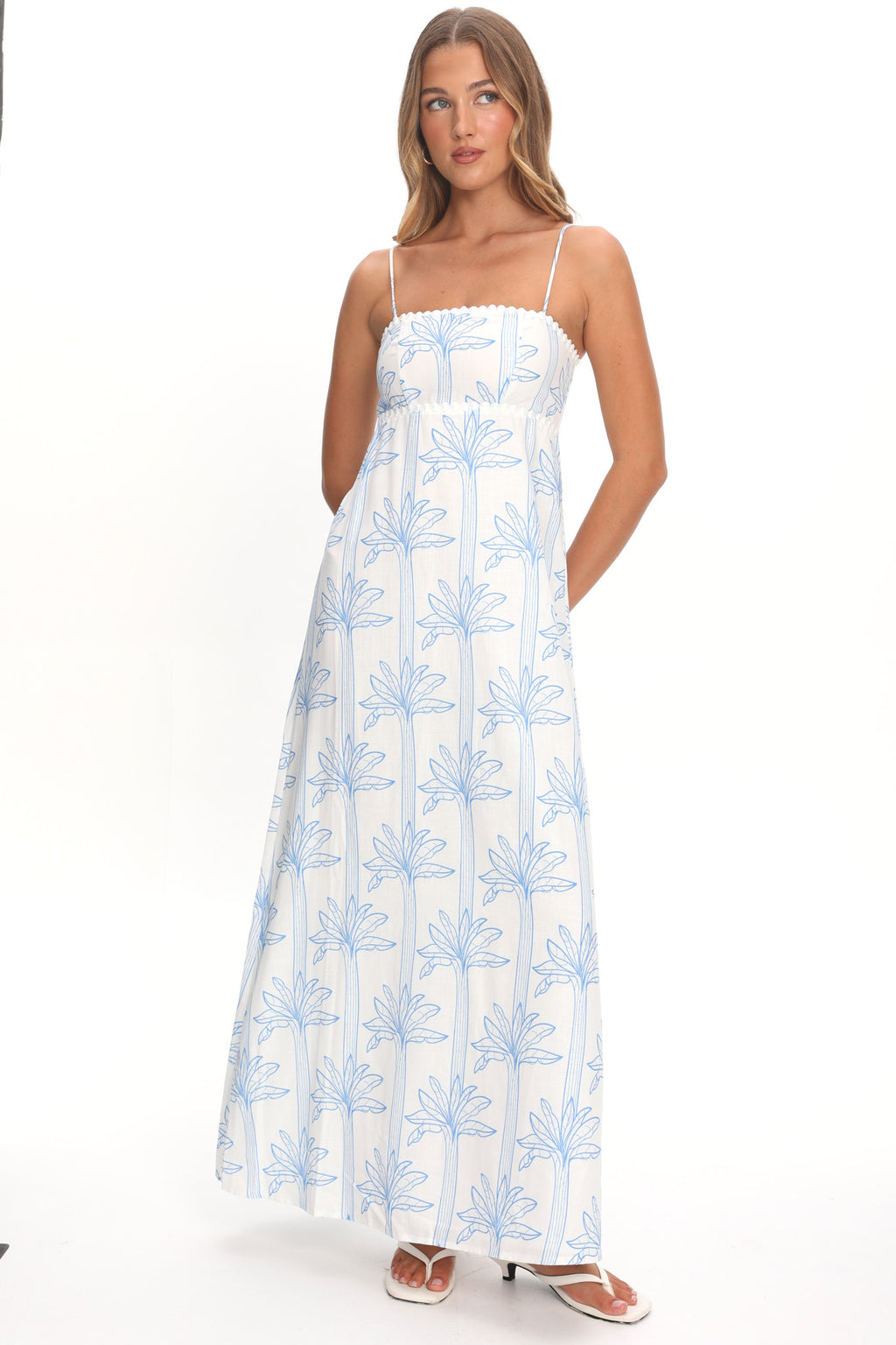 Patty Lace Trim Maxi Dress Palms White/Blue by Selfie Leslie Australia