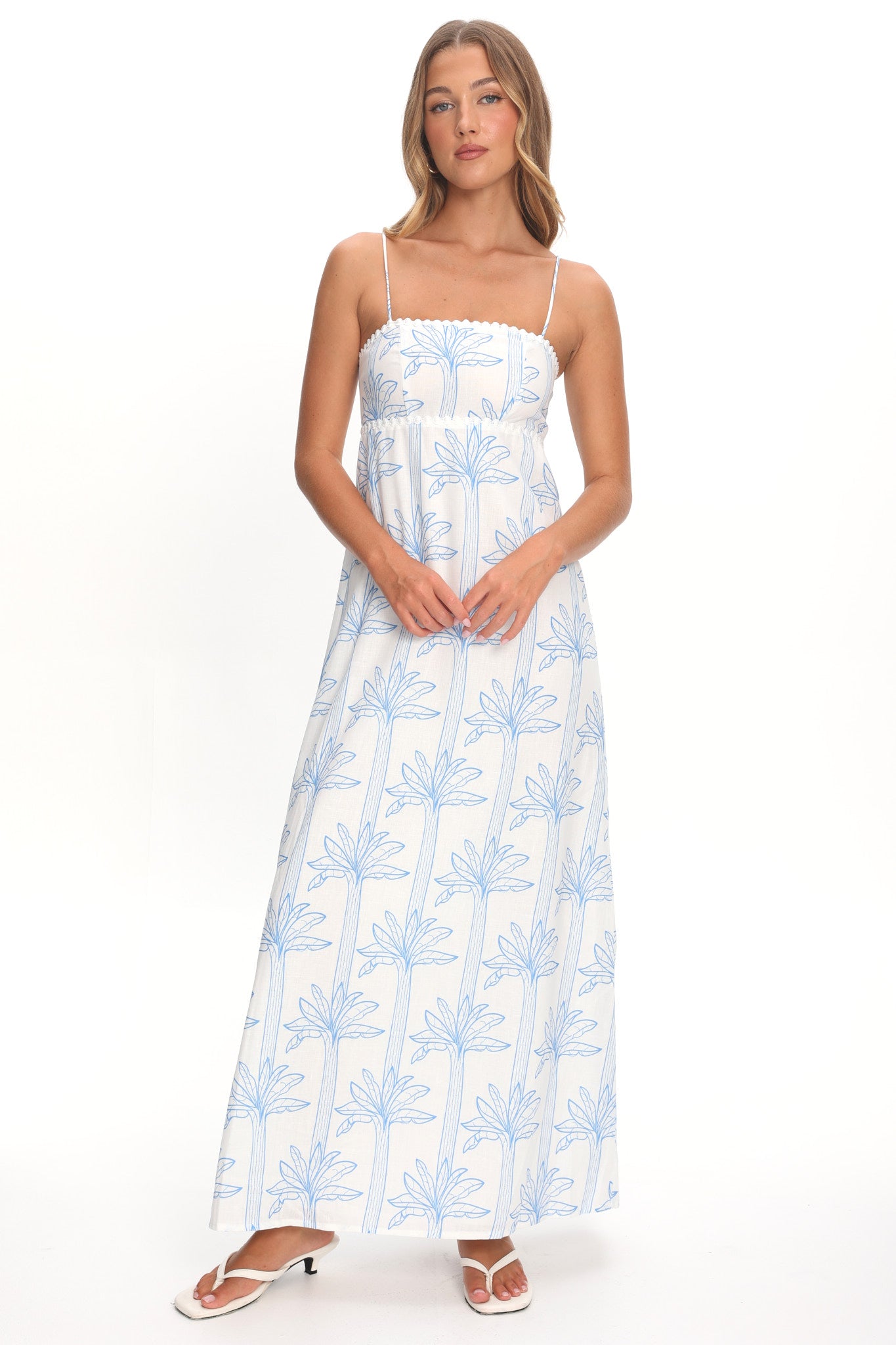Patty Lace Trim Maxi Dress Palms White/Blue by Selfie Leslie Australia