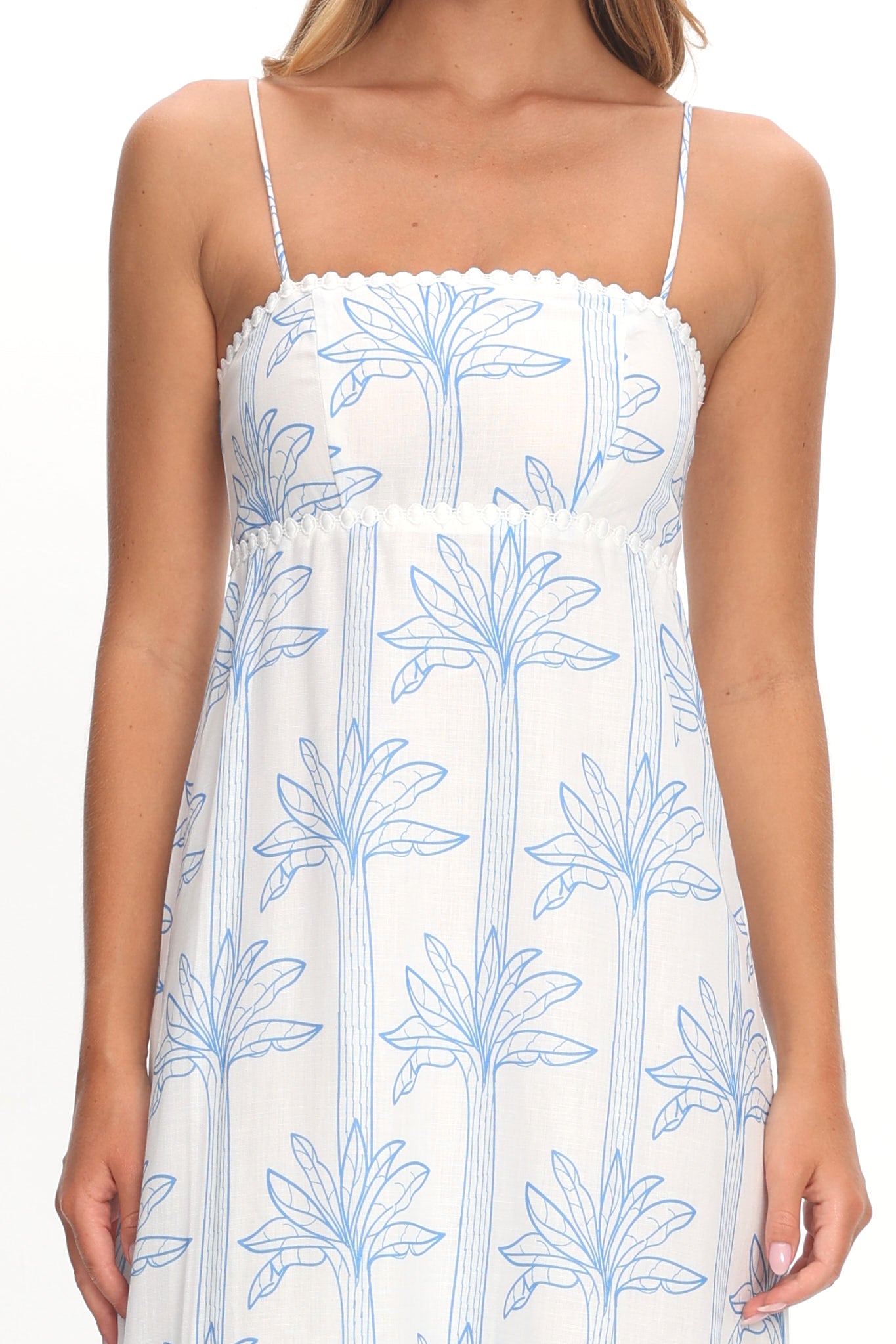 Patty Lace Trim Maxi Dress Palms White/Blue by Selfie Leslie Australia