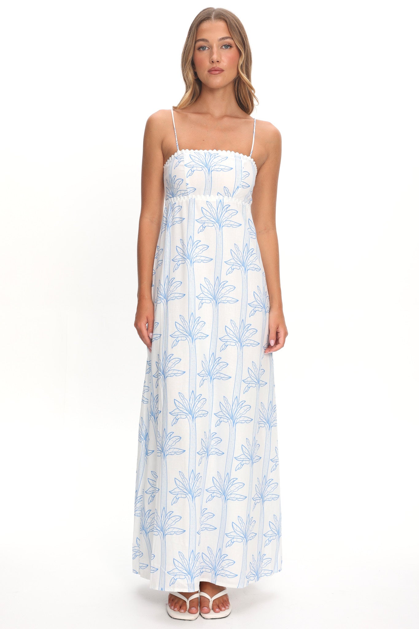 Patty Lace Trim Maxi Dress Palms White/Blue by Selfie Leslie Australia