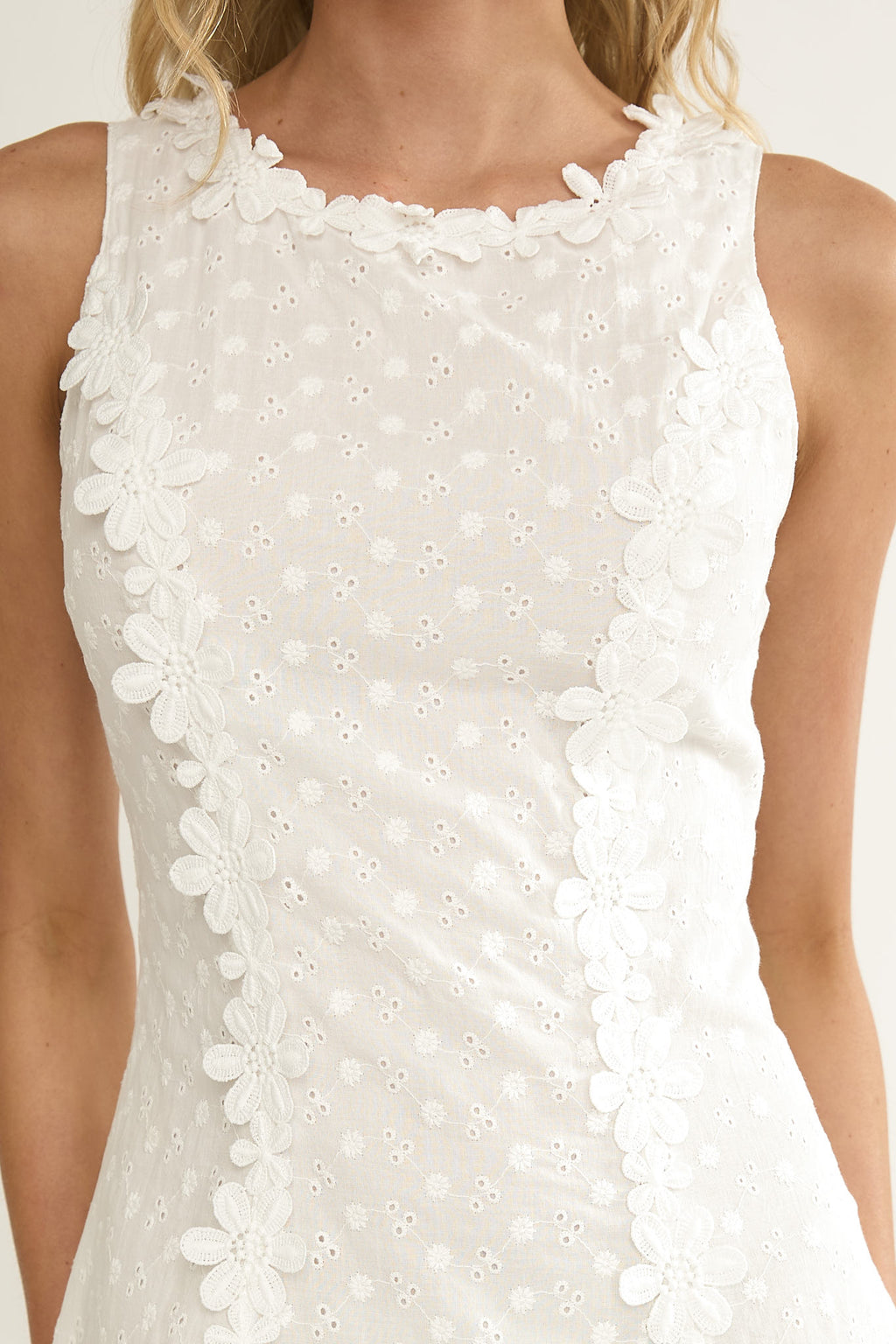 Jessamine Floral Applique Eyelet Mini Dress Off White by Selfie Leslie Australia