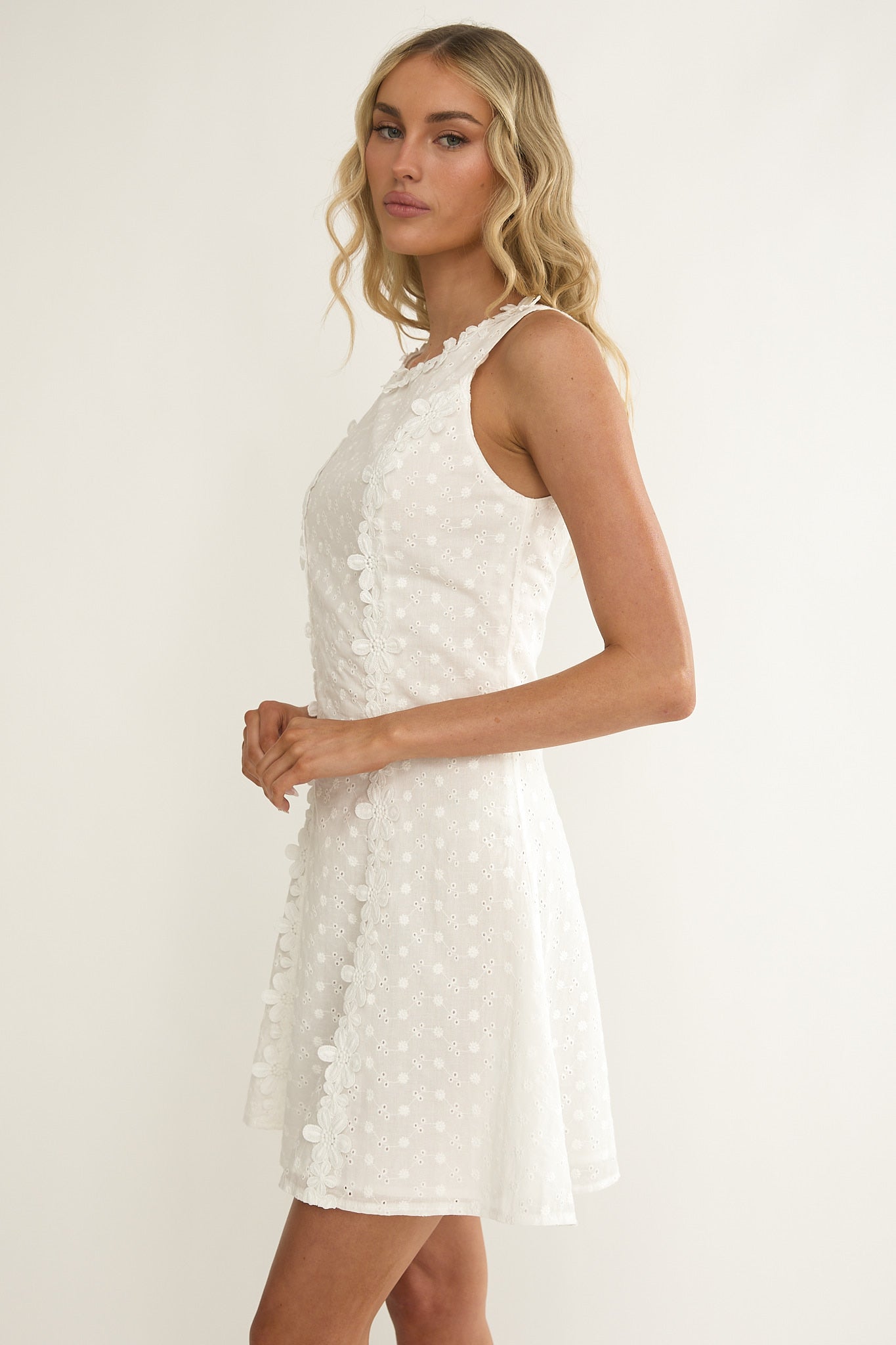 Jessamine Floral Applique Eyelet Mini Dress Off White by Selfie Leslie Australia