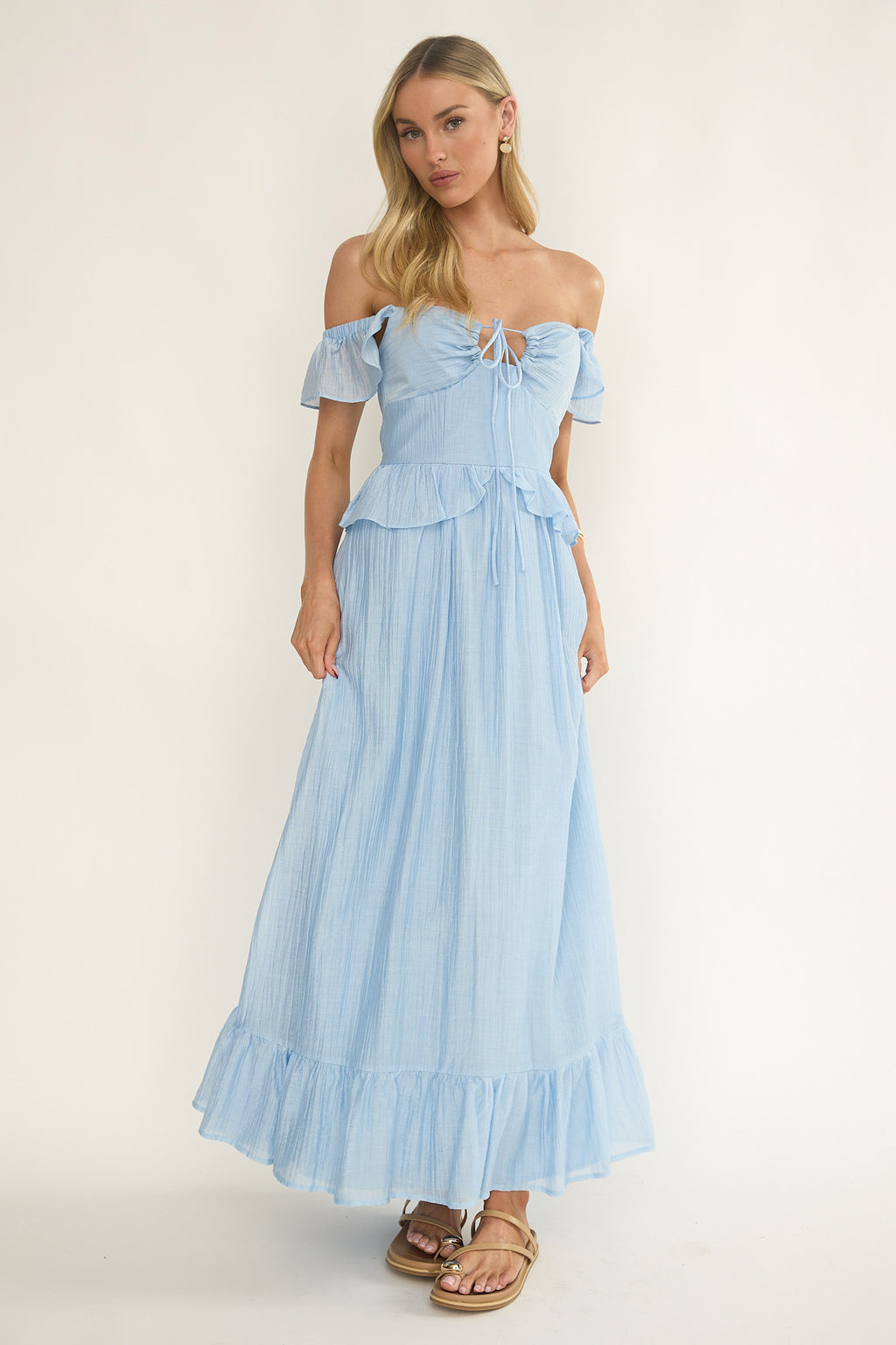 Hanalei Off-Shoulder Tied Bust Maxi Dress Light Blue by Selfie Leslie Australia