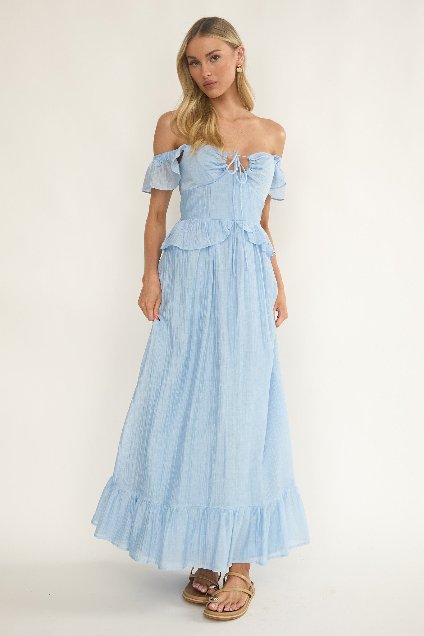 Hanalei Off-Shoulder Tied Bust Maxi Dress Light Blue by Selfie Leslie Australia