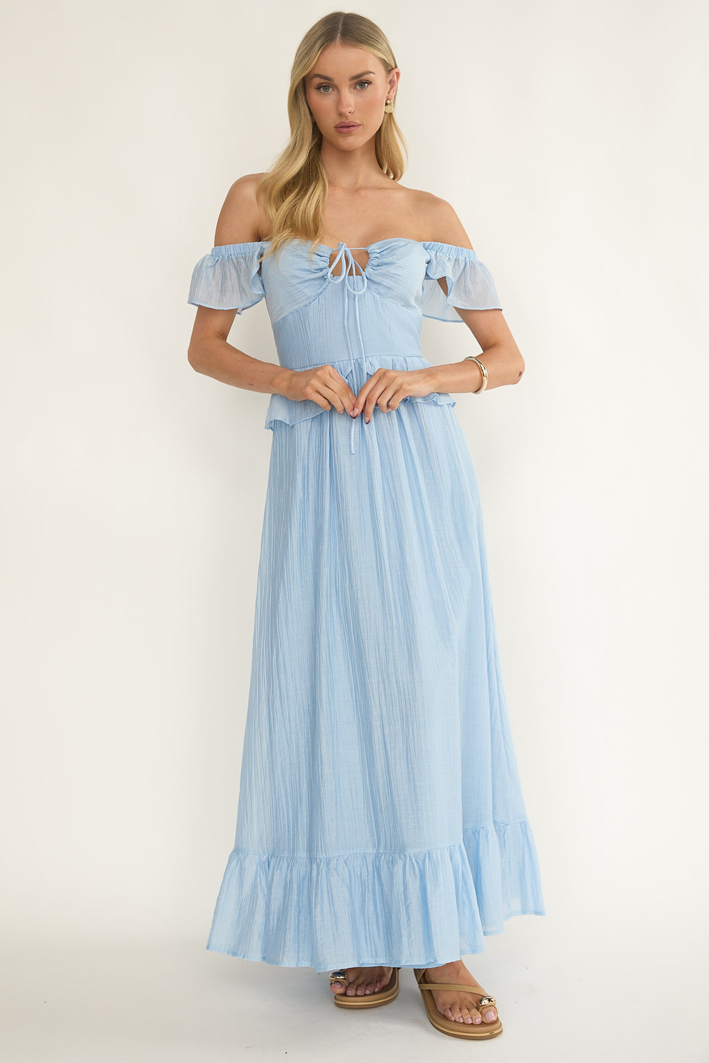 Hanalei Off-Shoulder Tied Bust Maxi Dress Light Blue by Selfie Leslie Australia