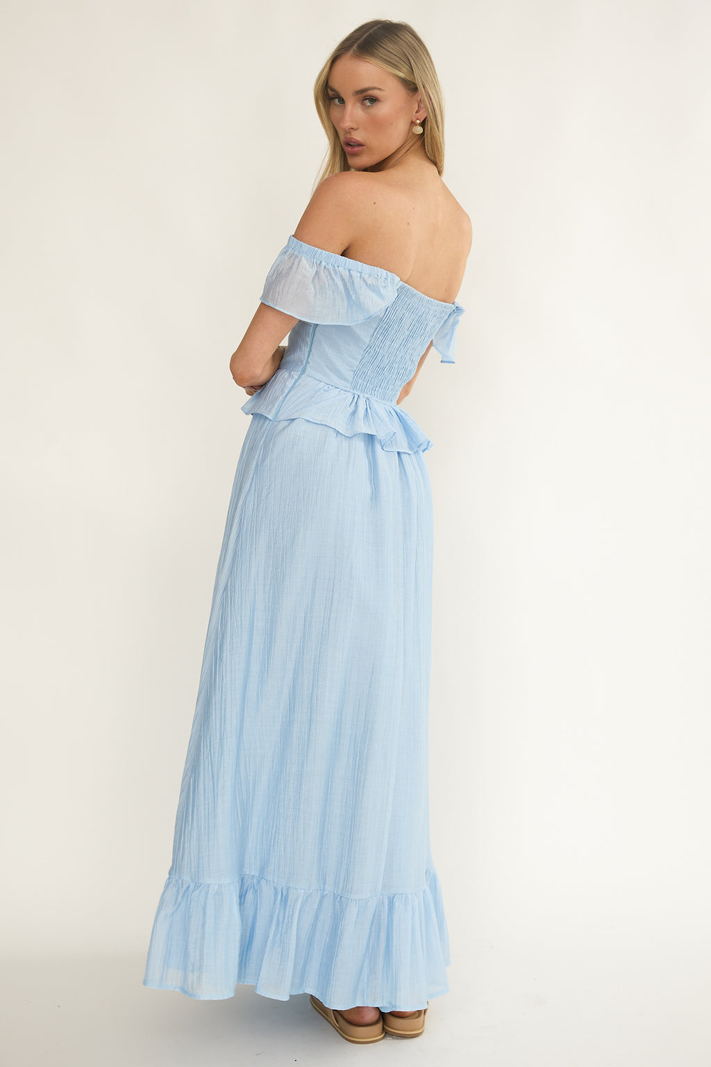 Hanalei Off-Shoulder Tied Bust Maxi Dress Light Blue by Selfie Leslie Australia