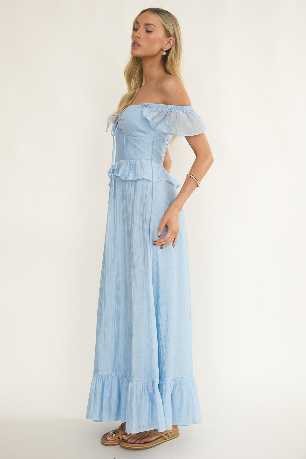 Hanalei Off-Shoulder Tied Bust Maxi Dress Light Blue by Selfie Leslie Australia