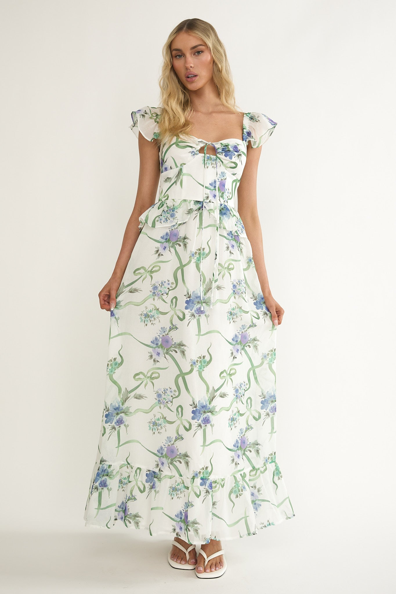 Hanalei Off-Shoulder Tied Bust Maxi Dress Floral White by Selfie Leslie Australia