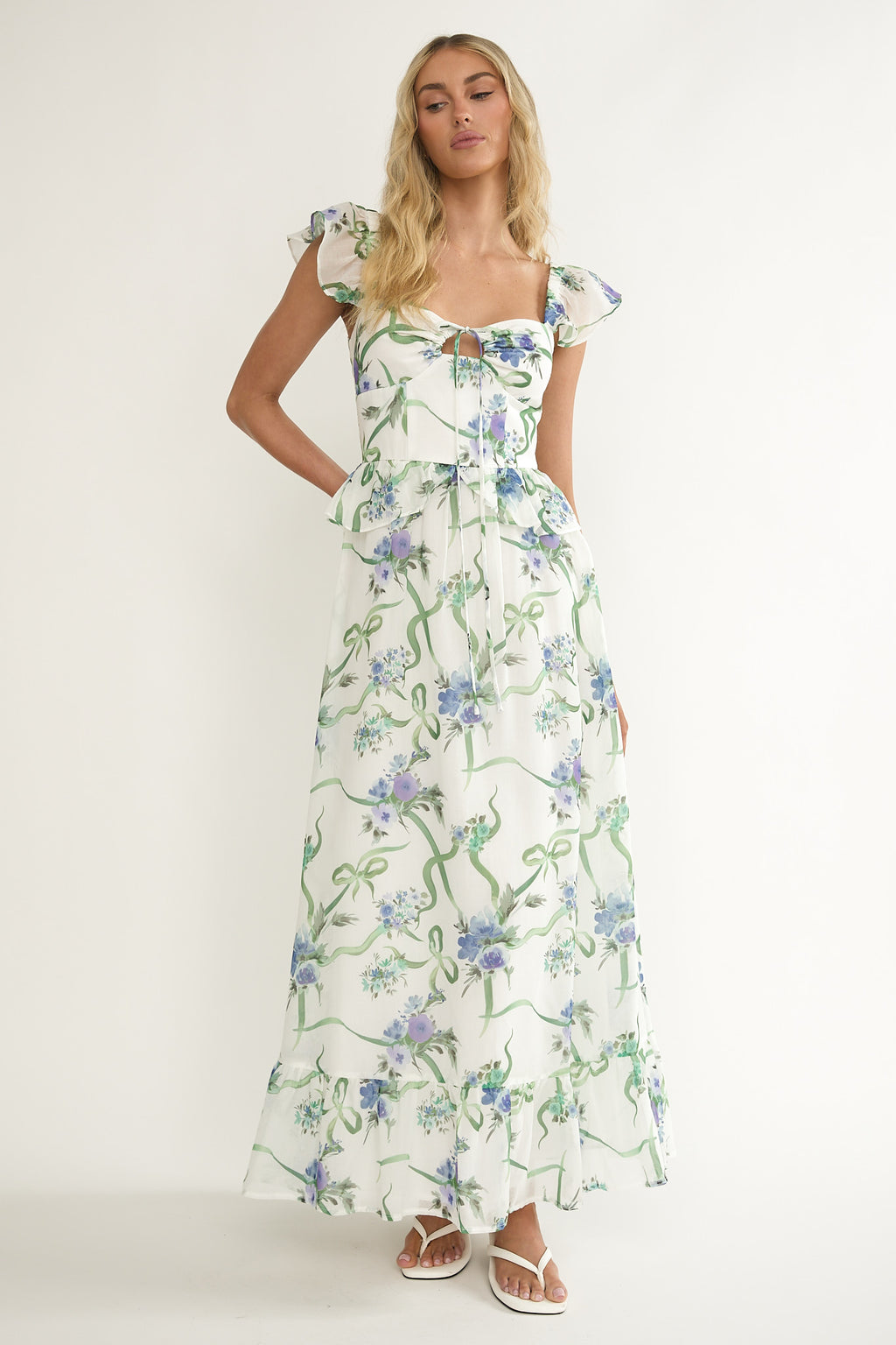 Hanalei Off-Shoulder Tied Bust Maxi Dress Floral White by Selfie Leslie Australia