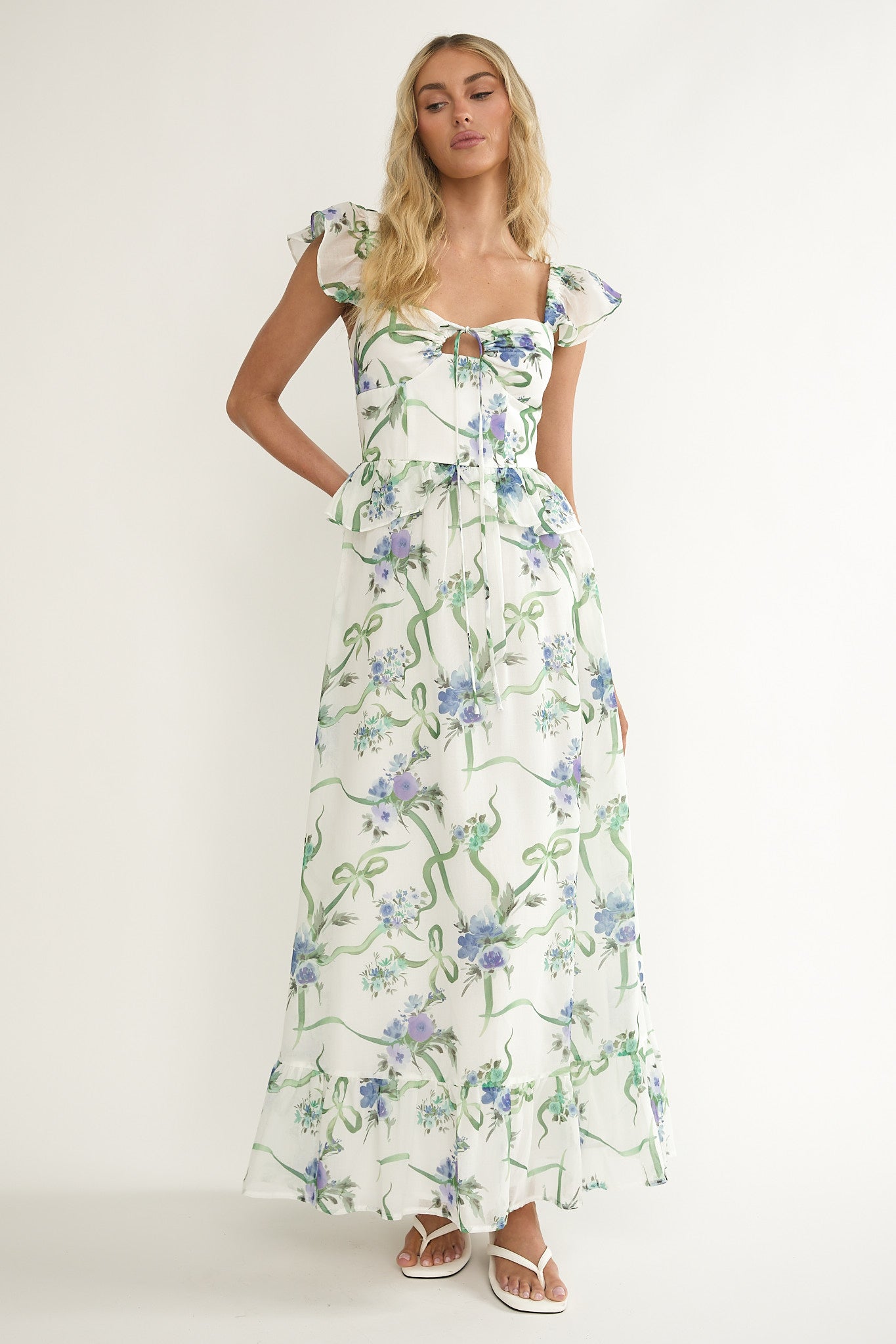 Hanalei Off-Shoulder Tied Bust Maxi Dress Floral White by Selfie Leslie Australia
