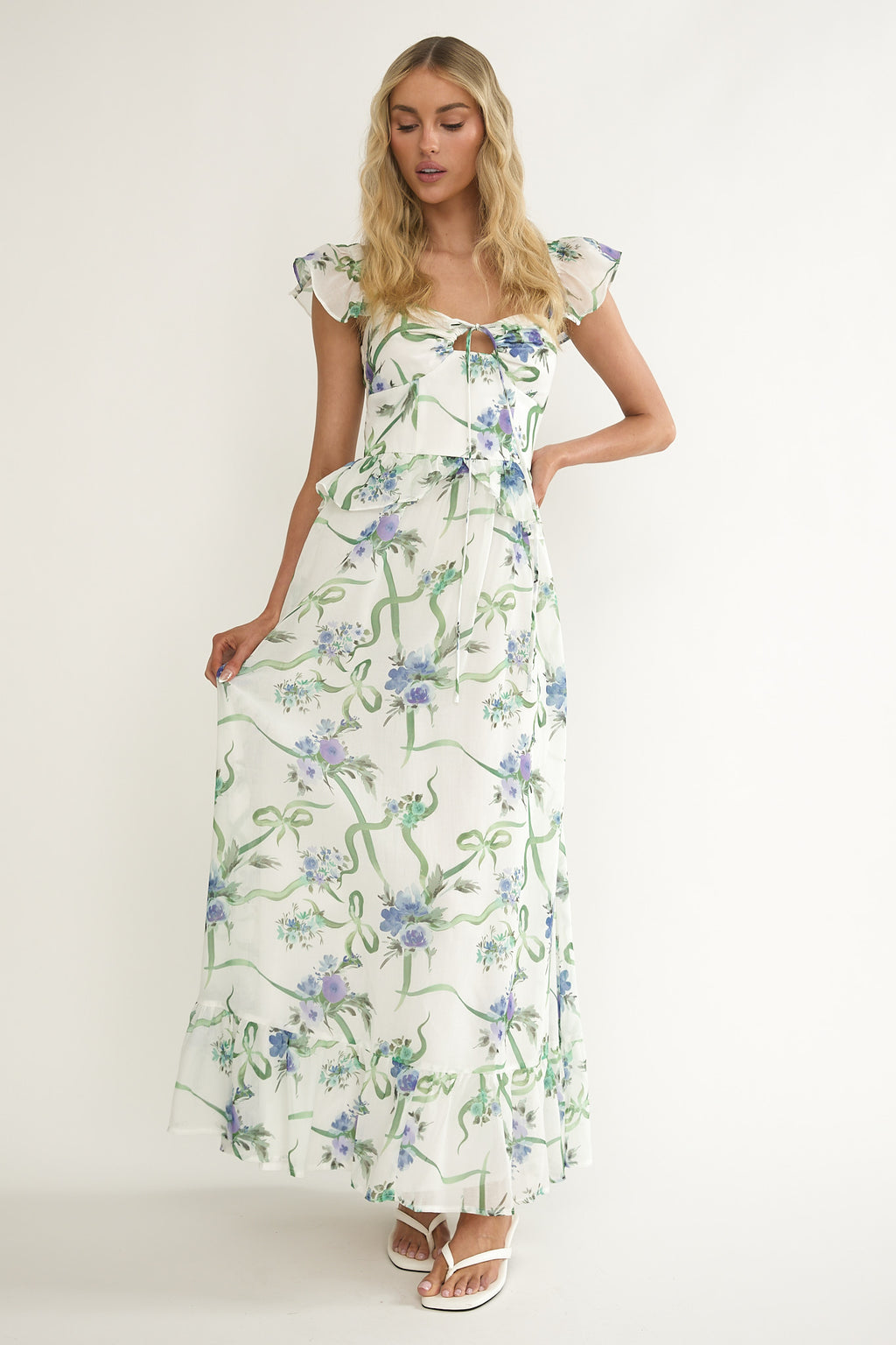 Hanalei Off-Shoulder Tied Bust Maxi Dress Floral White by Selfie Leslie Australia