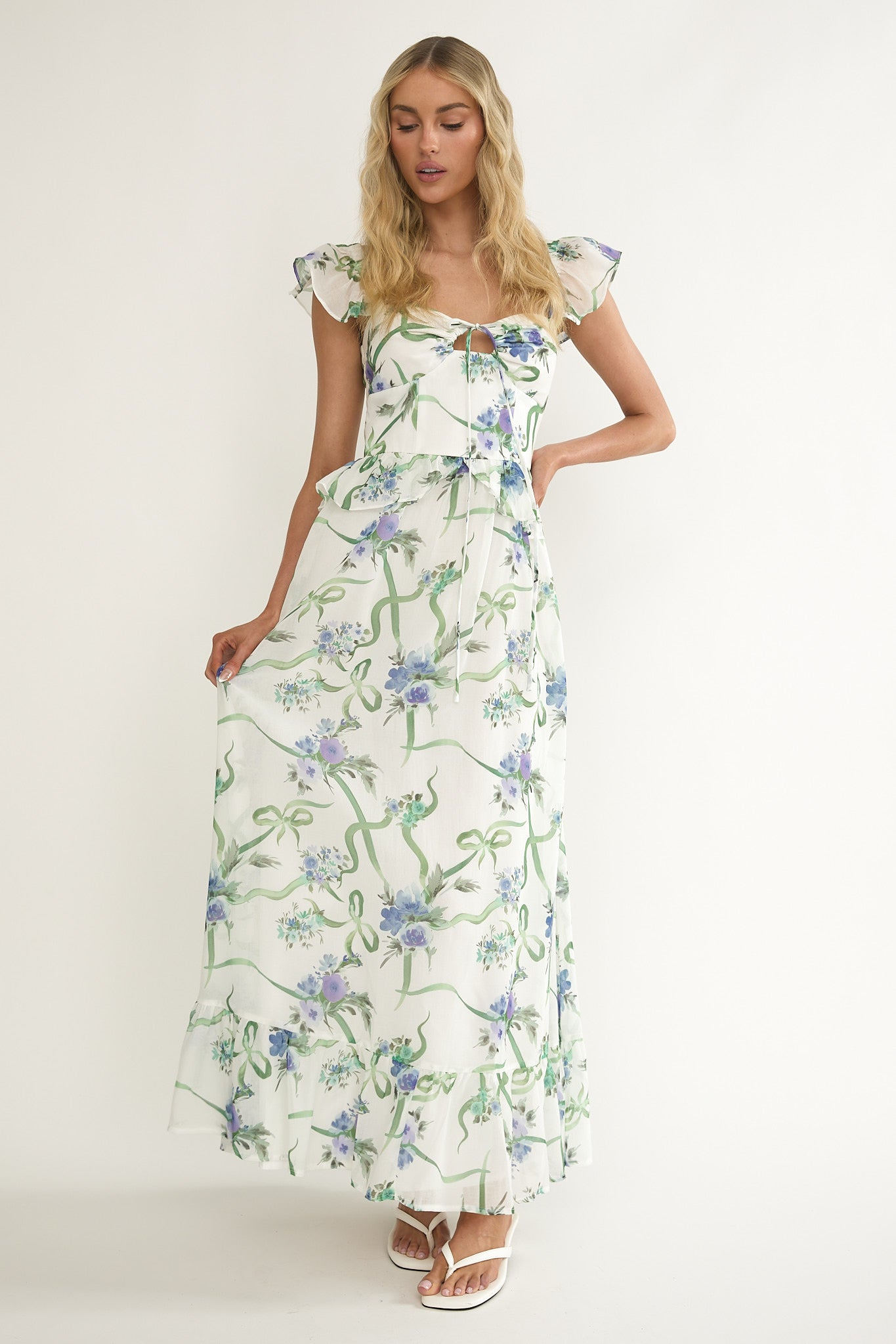 Hanalei Off-Shoulder Tied Bust Maxi Dress Floral White by Selfie Leslie Australia