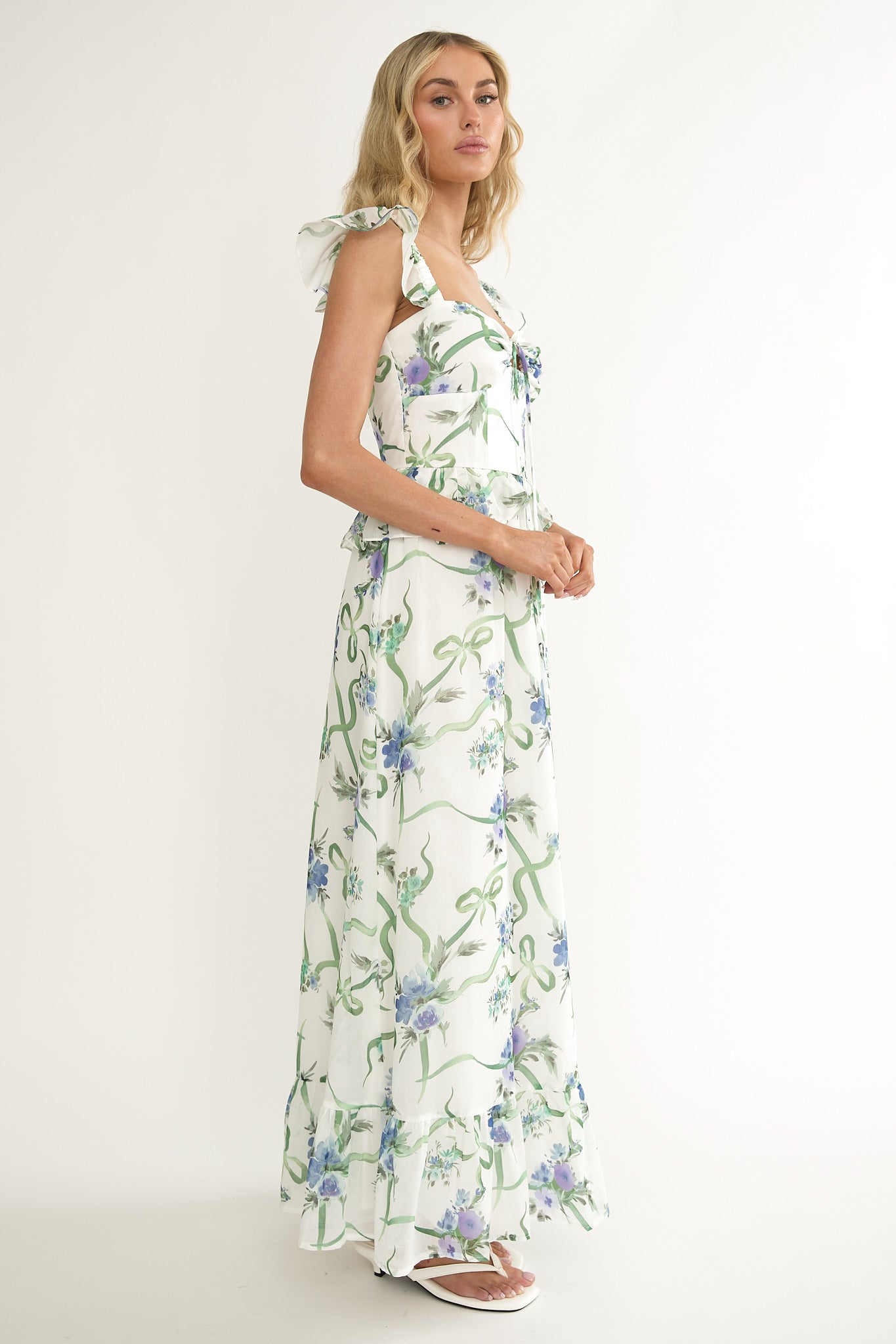 Hanalei Off-Shoulder Tied Bust Maxi Dress Floral White by Selfie Leslie Australia