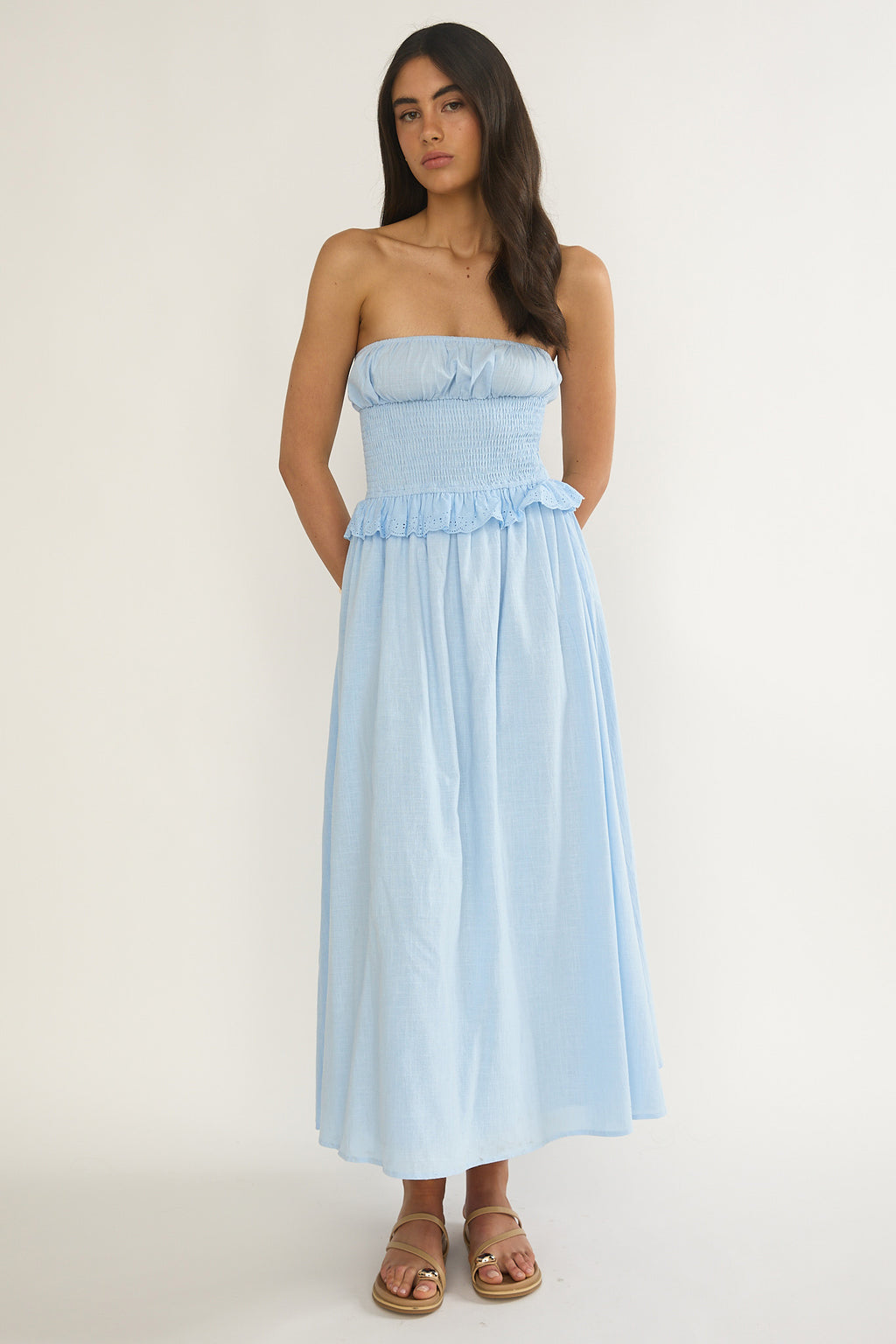 Lija Strapless Shirred Bodice Midi Dress Light Blue by Selfie Leslie Australia