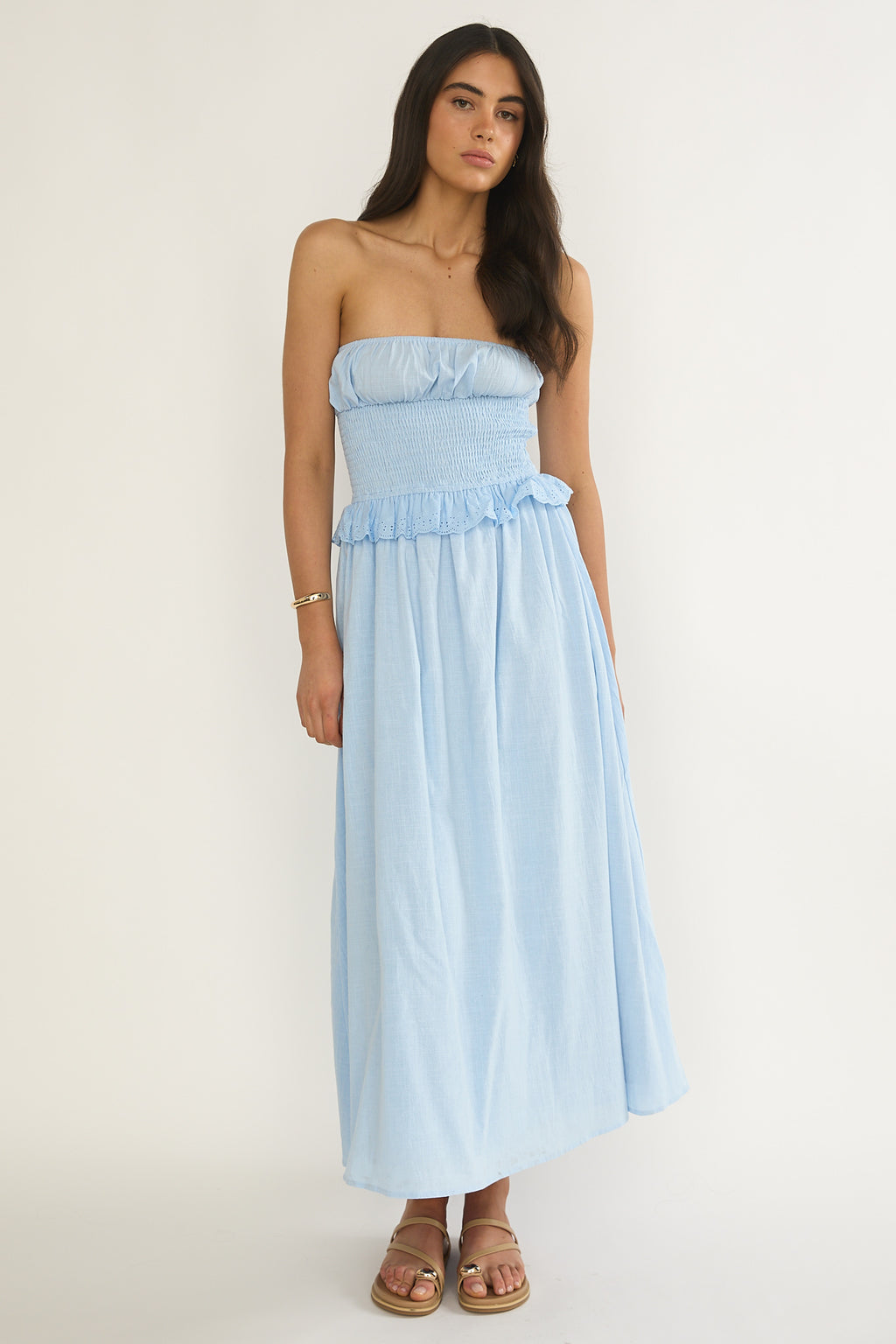 Lija Strapless Shirred Bodice Midi Dress Light Blue by Selfie Leslie Australia