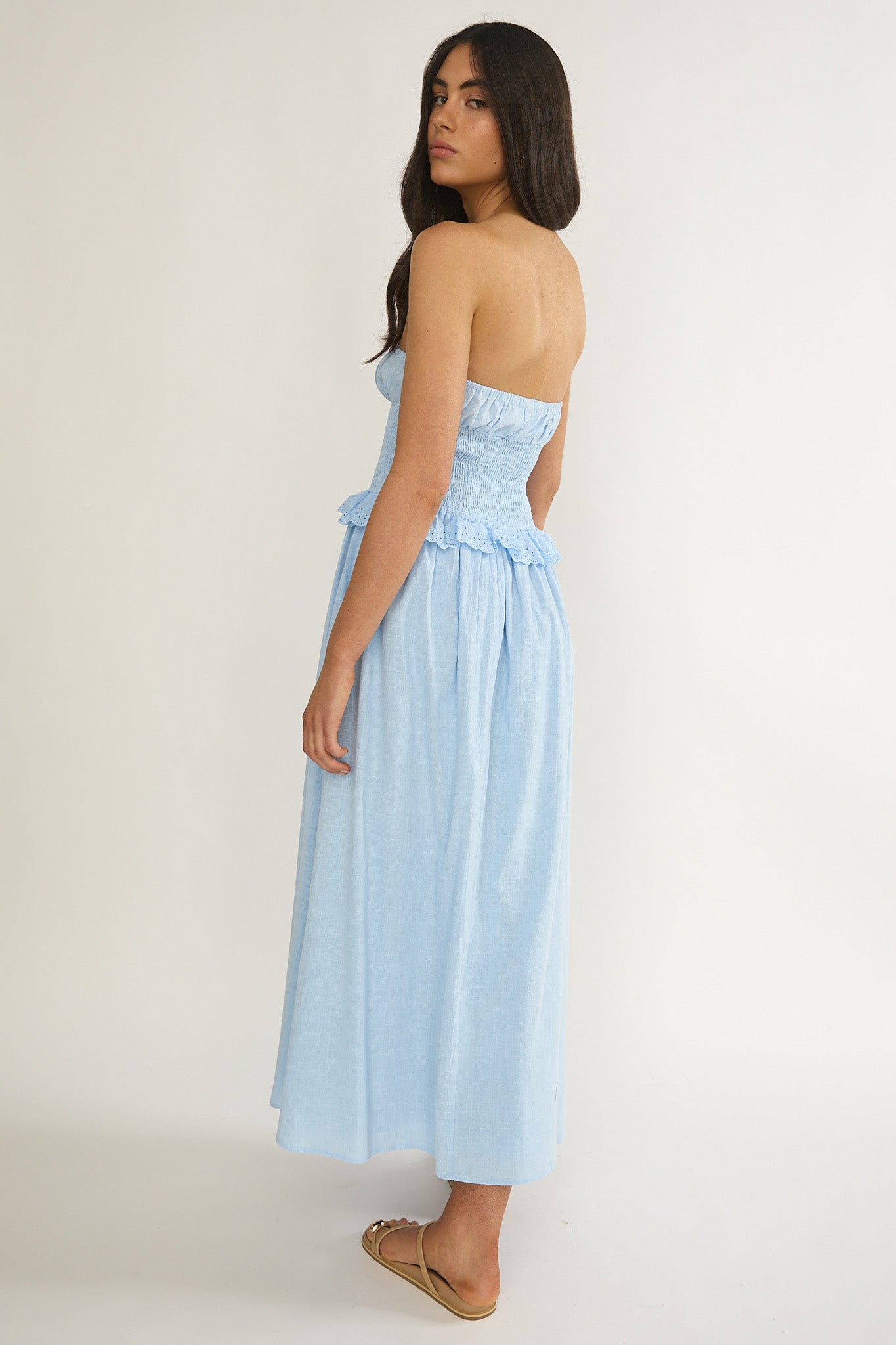 Lija Strapless Shirred Bodice Midi Dress Light Blue by Selfie Leslie Australia