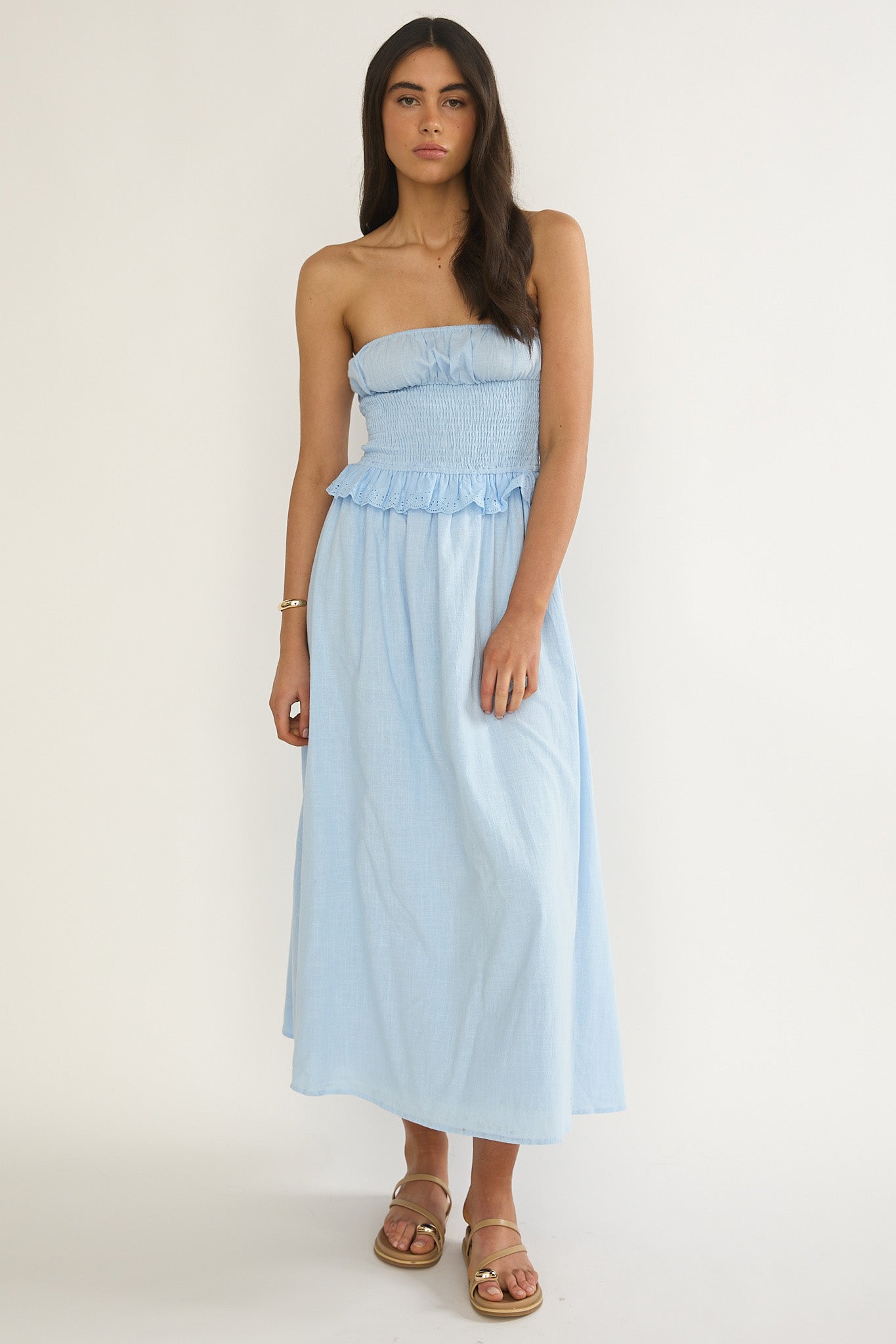 Lija Strapless Shirred Bodice Midi Dress Light Blue by Selfie Leslie Australia