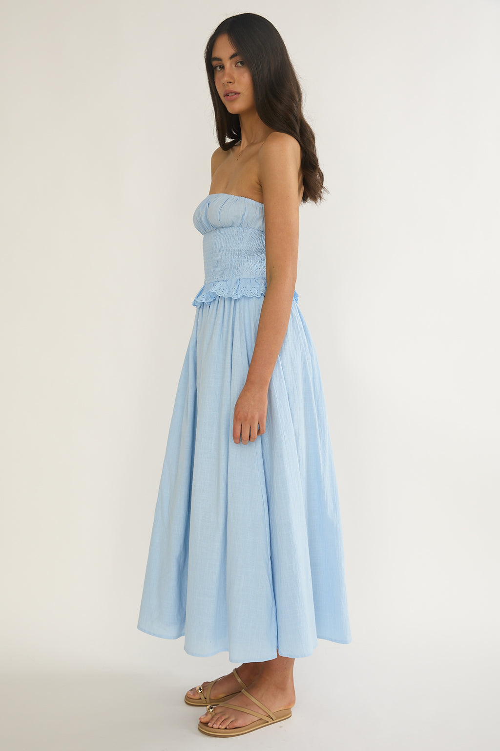 Lija Strapless Shirred Bodice Midi Dress Light Blue by Selfie Leslie Australia