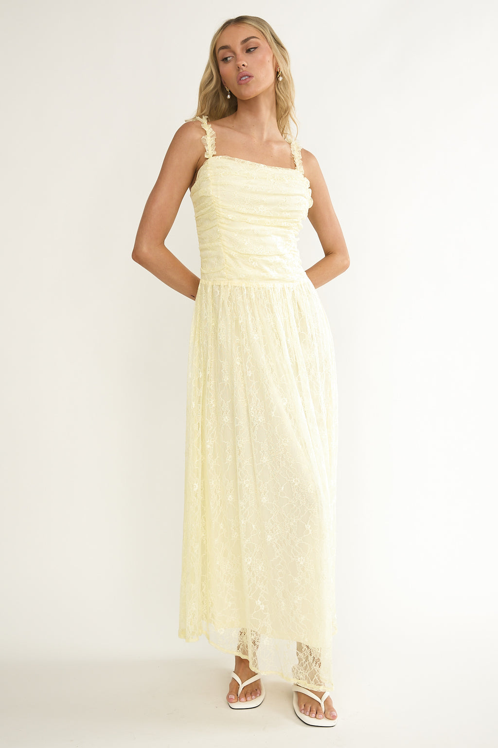 Dahlin Frill Strap Lace Overlay Maxi Dress Butter by Selfie Leslie Australia