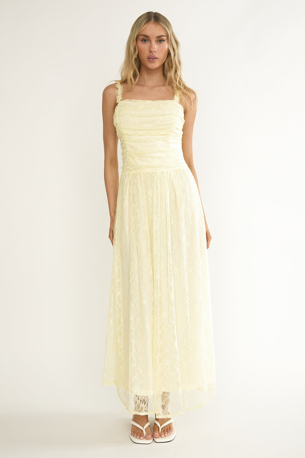 Dahlin Frill Strap Lace Overlay Maxi Dress Butter by Selfie Leslie Australia