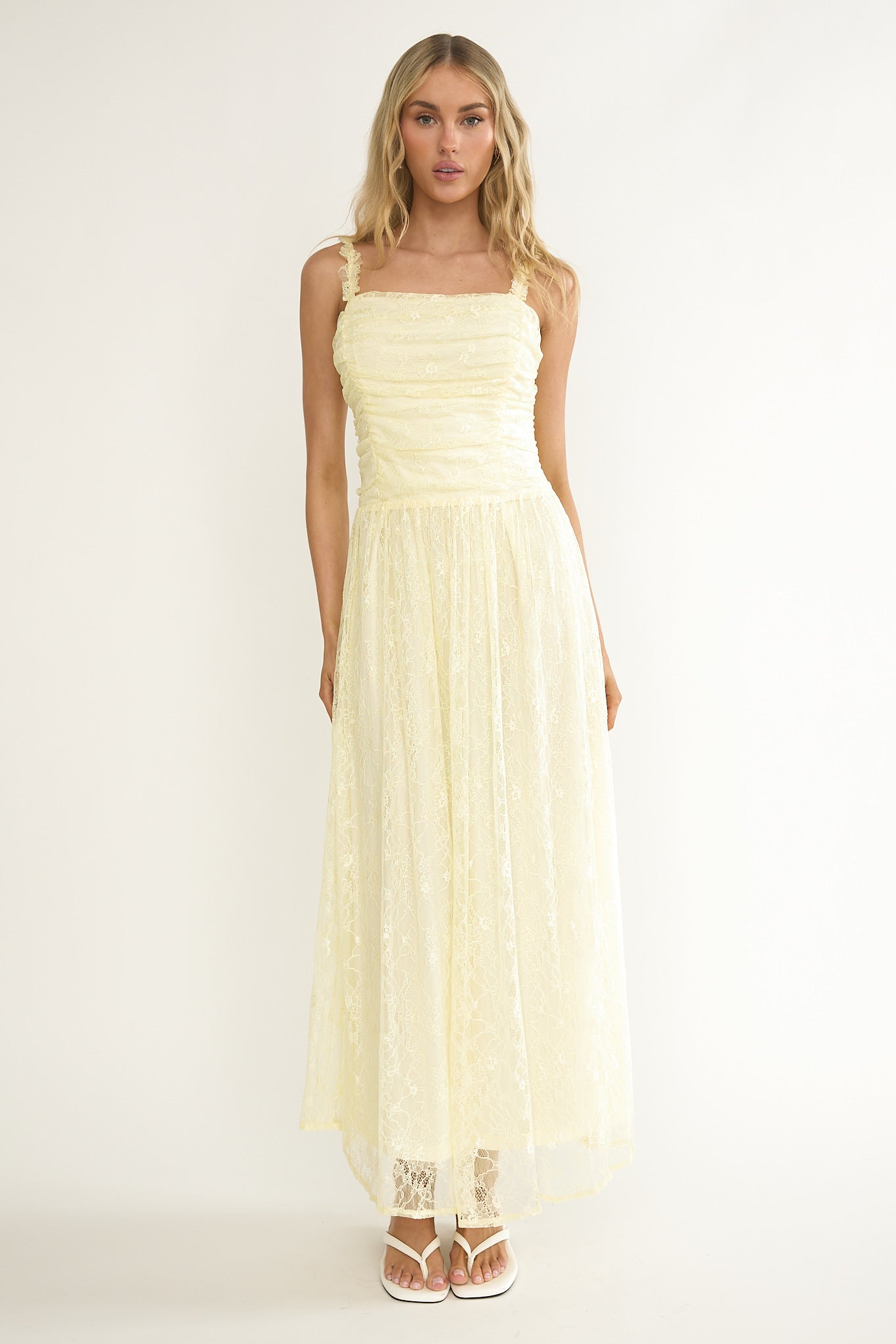 Dahlin Frill Strap Lace Overlay Maxi Dress Butter by Selfie Leslie Australia