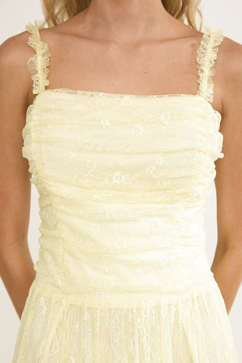 Dahlin Frill Strap Lace Overlay Maxi Dress Butter by Selfie Leslie Australia