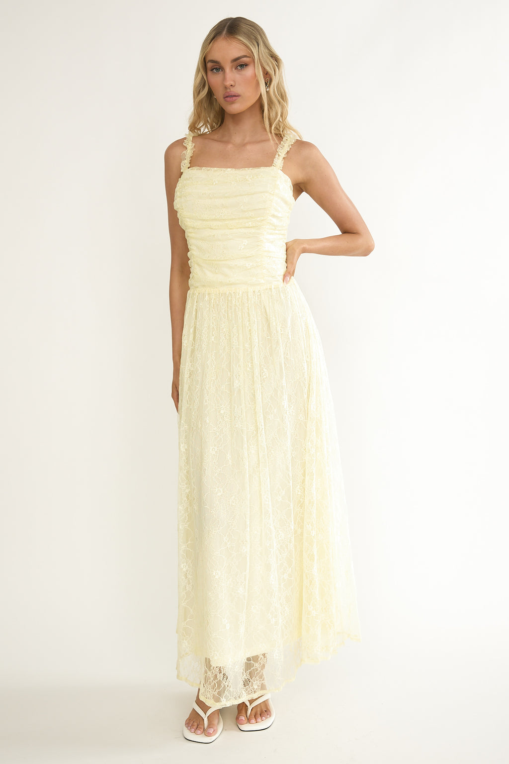 Dahlin Frill Strap Lace Overlay Maxi Dress Butter by Selfie Leslie Australia