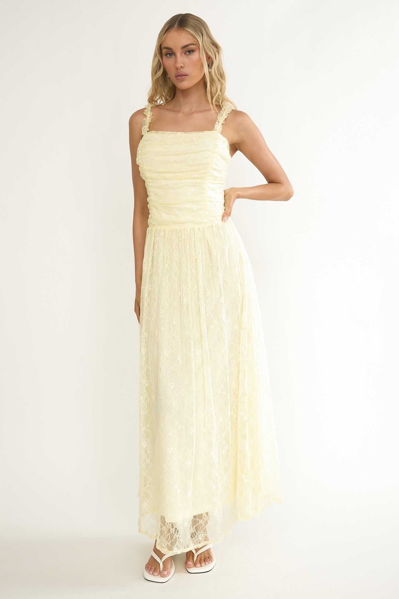 Dahlin Frill Strap Lace Overlay Maxi Dress Butter by Selfie Leslie Australia