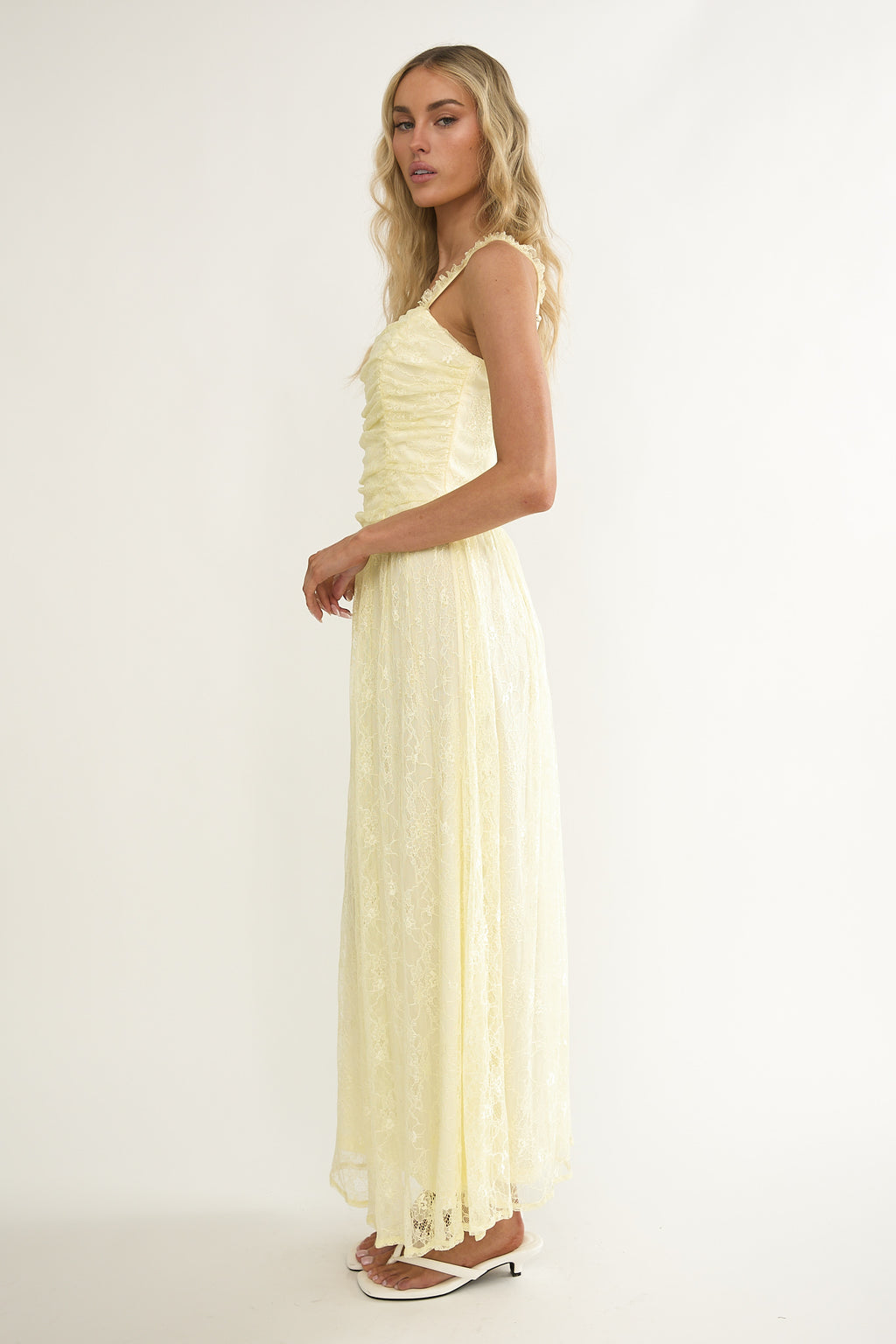 Dahlin Frill Strap Lace Overlay Maxi Dress Butter by Selfie Leslie Australia