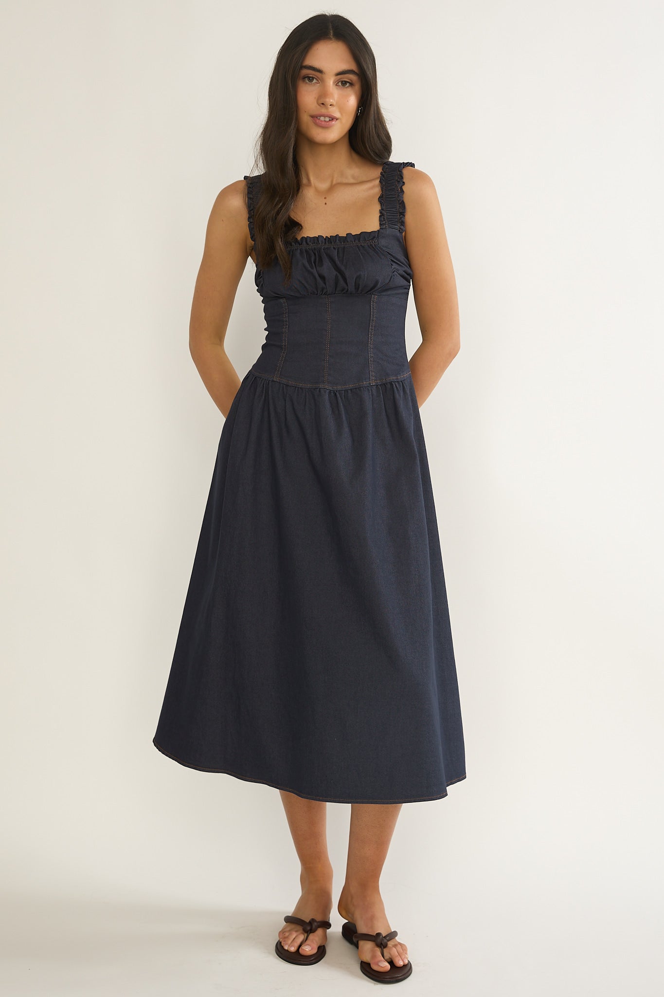 Idyllic Gathered Bust Midi Dress Indigo by Selfie Leslie Australia