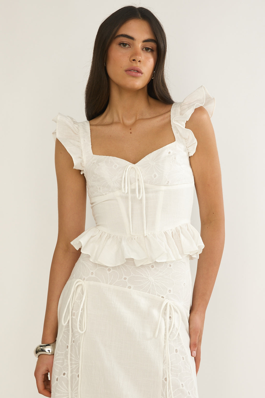 Danette Frill Trim Embroidery Top White by Selfie Leslie Australia