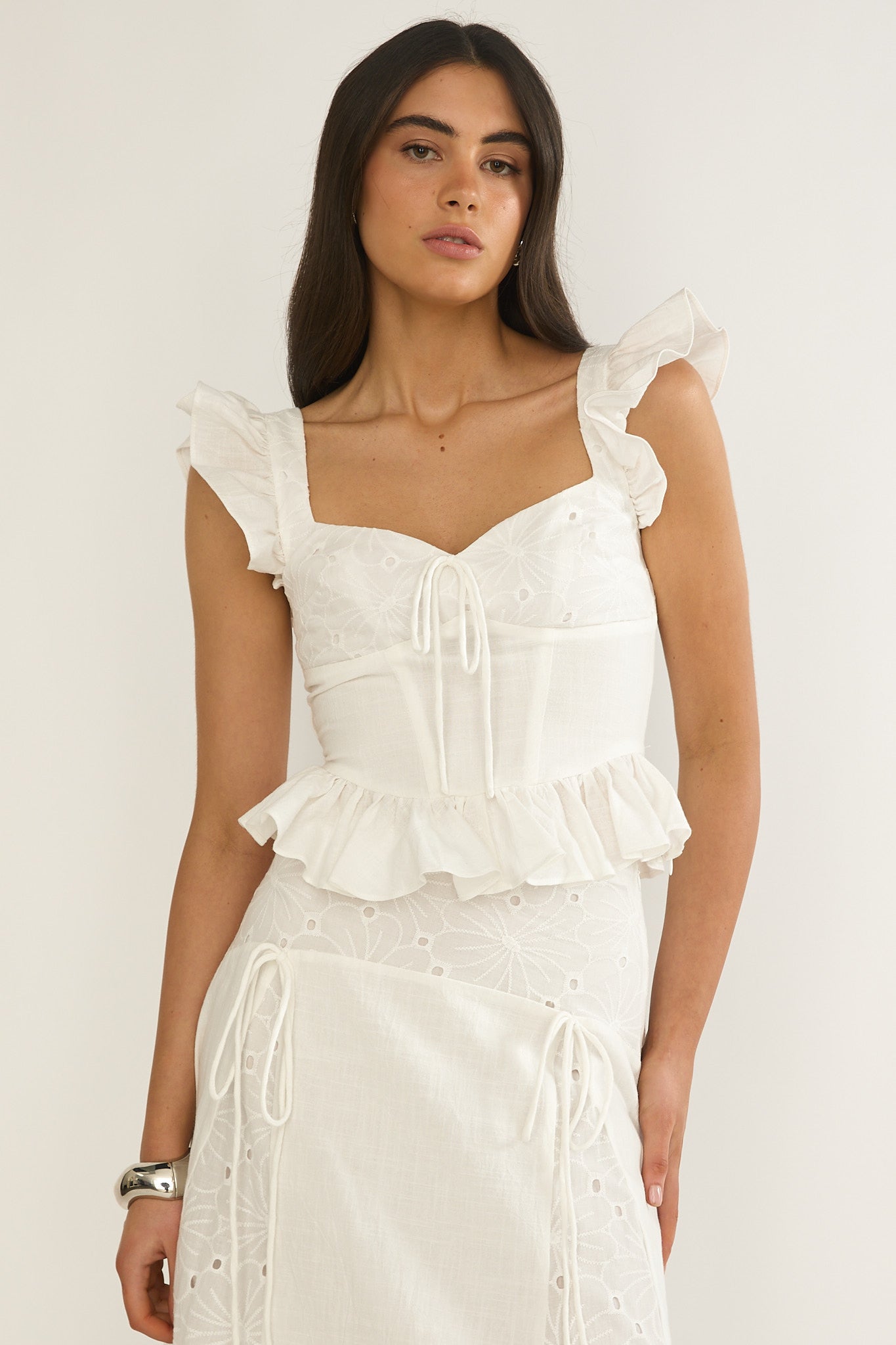 Danette Frill Trim Embroidery Top White by Selfie Leslie Australia
