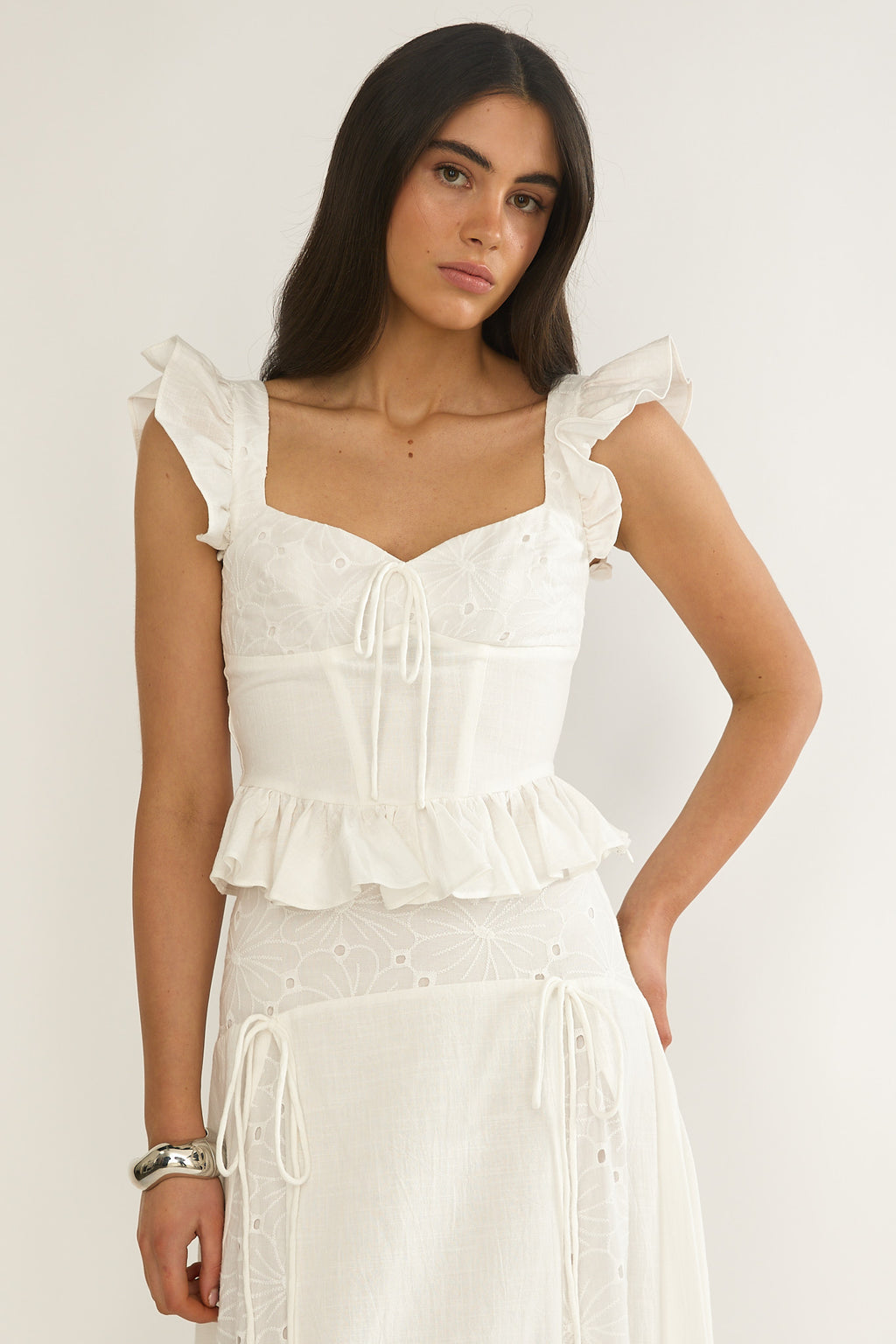 Danette Frill Trim Embroidery Top White by Selfie Leslie Australia