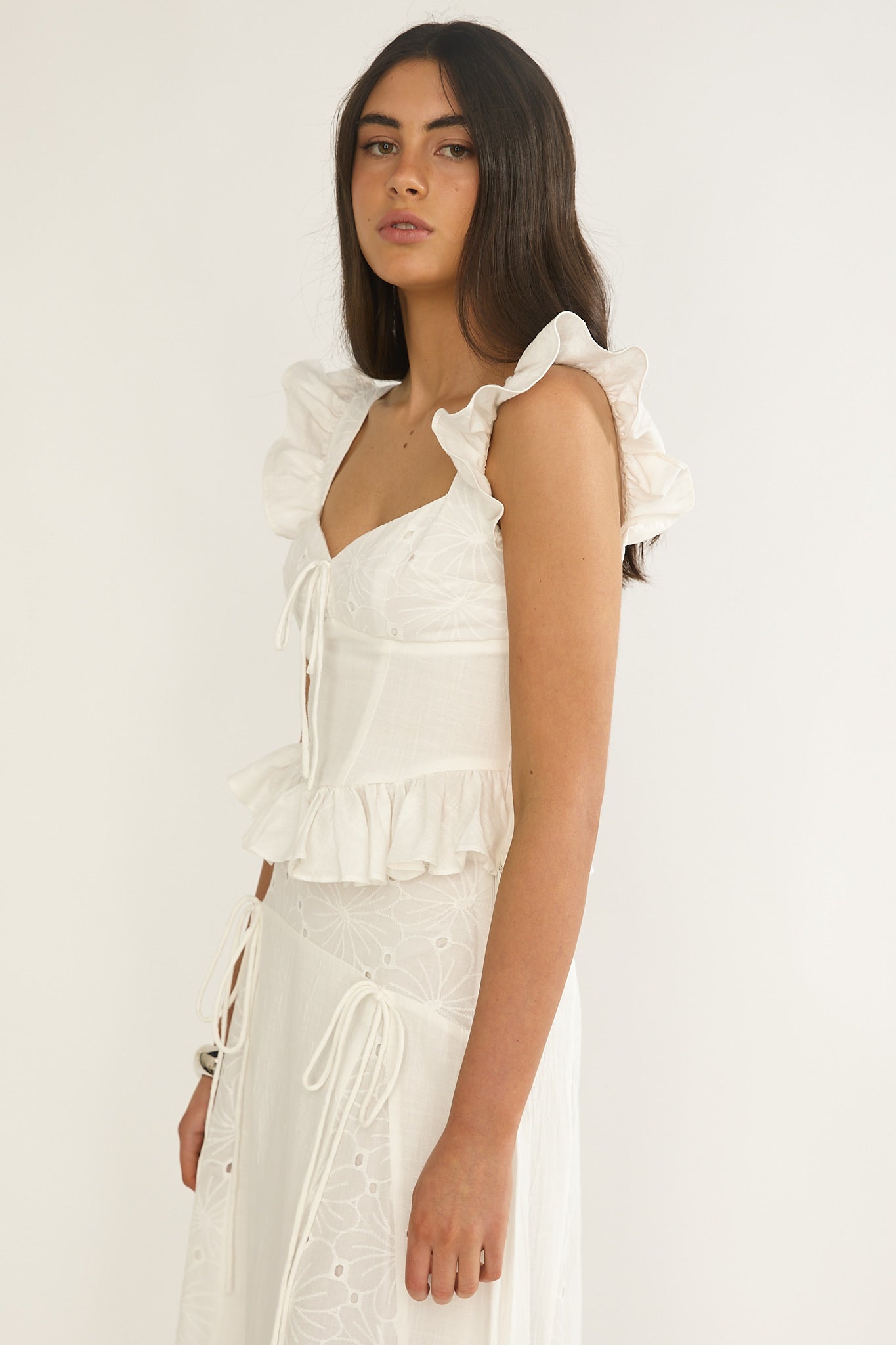 Danette Frill Trim Embroidery Top White by Selfie Leslie Australia