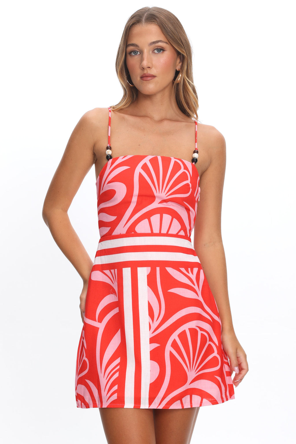 Jessamina Bead Strap Mini Dress Print Red by Selfie Leslie Australia