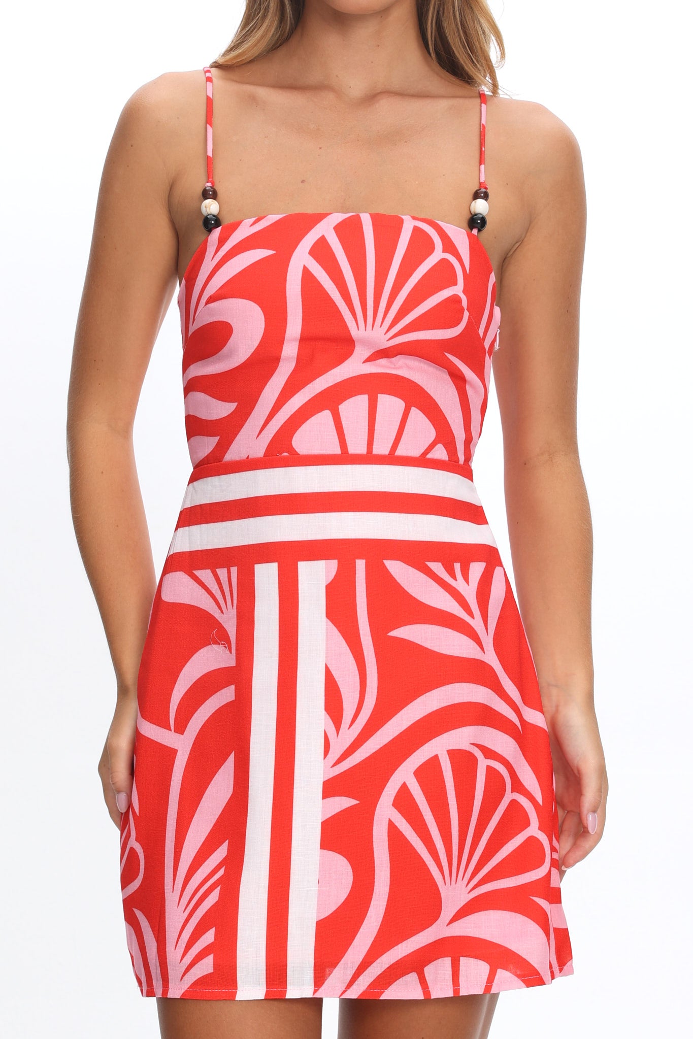 Jessamina Bead Strap Mini Dress Print Red by Selfie Leslie Australia