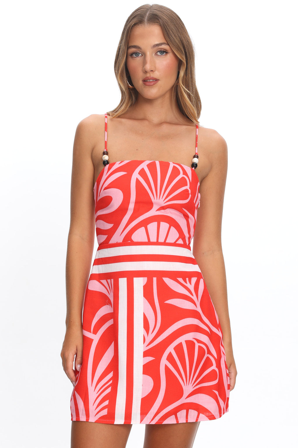 Jessamina Bead Strap Mini Dress Print Red by Selfie Leslie Australia