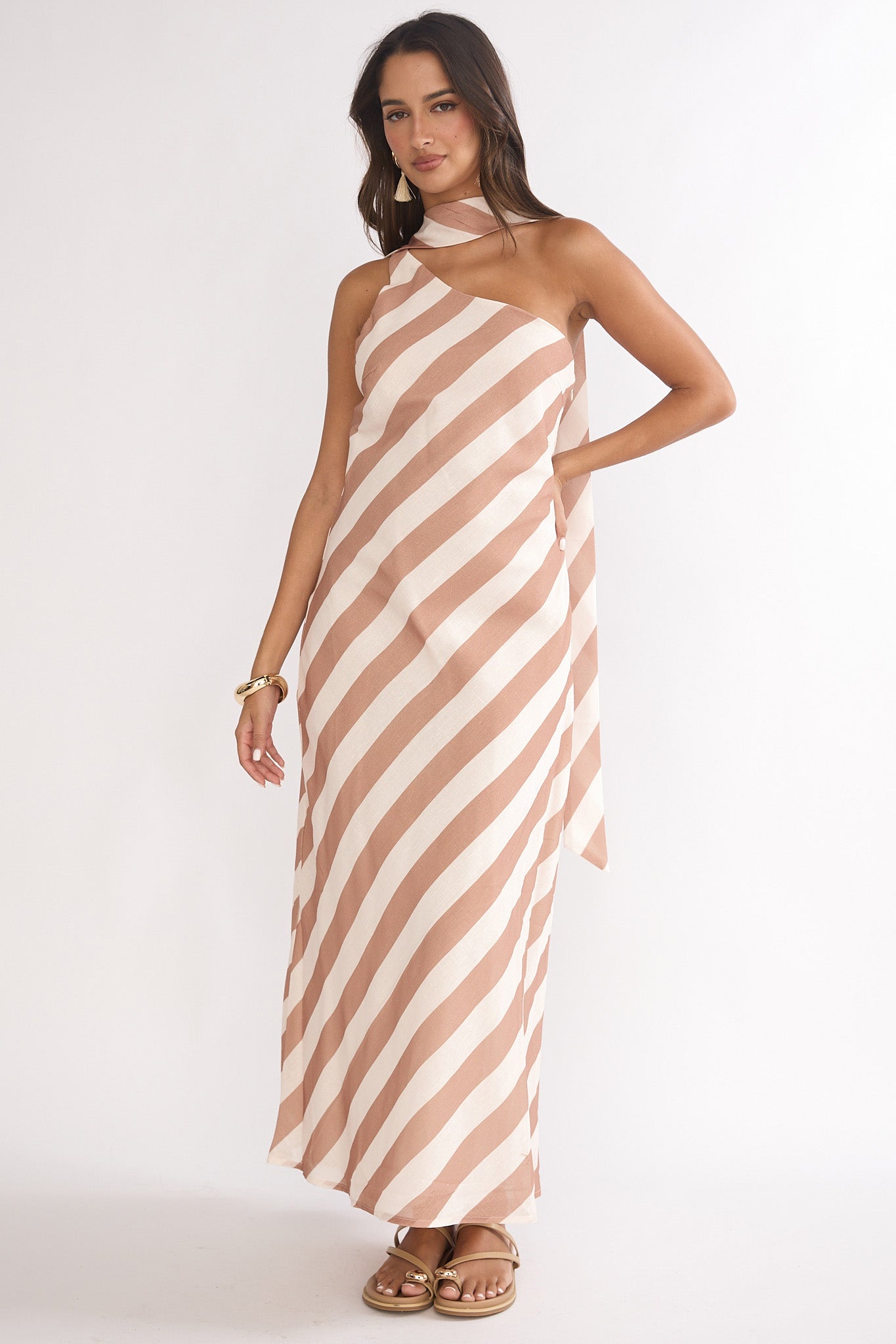 Mirona One Shoulder Scarf Maxi Dress Stripe Camel by Selfie Leslie Australia