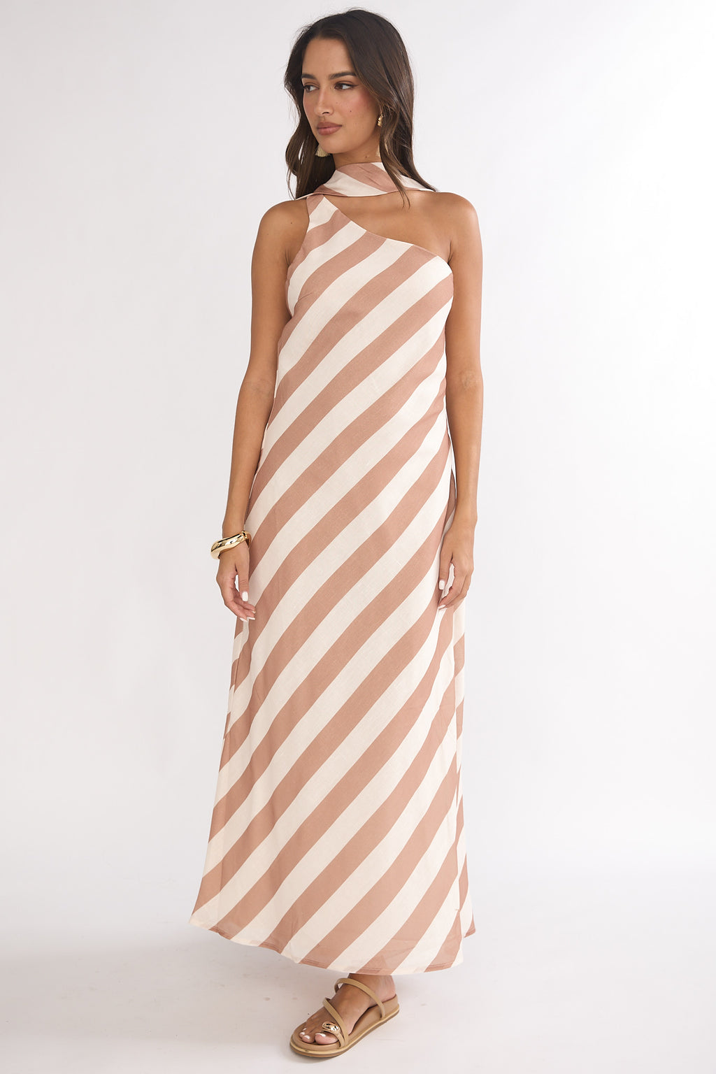 Mirona One Shoulder Scarf Maxi Dress Stripe Camel by Selfie Leslie Australia