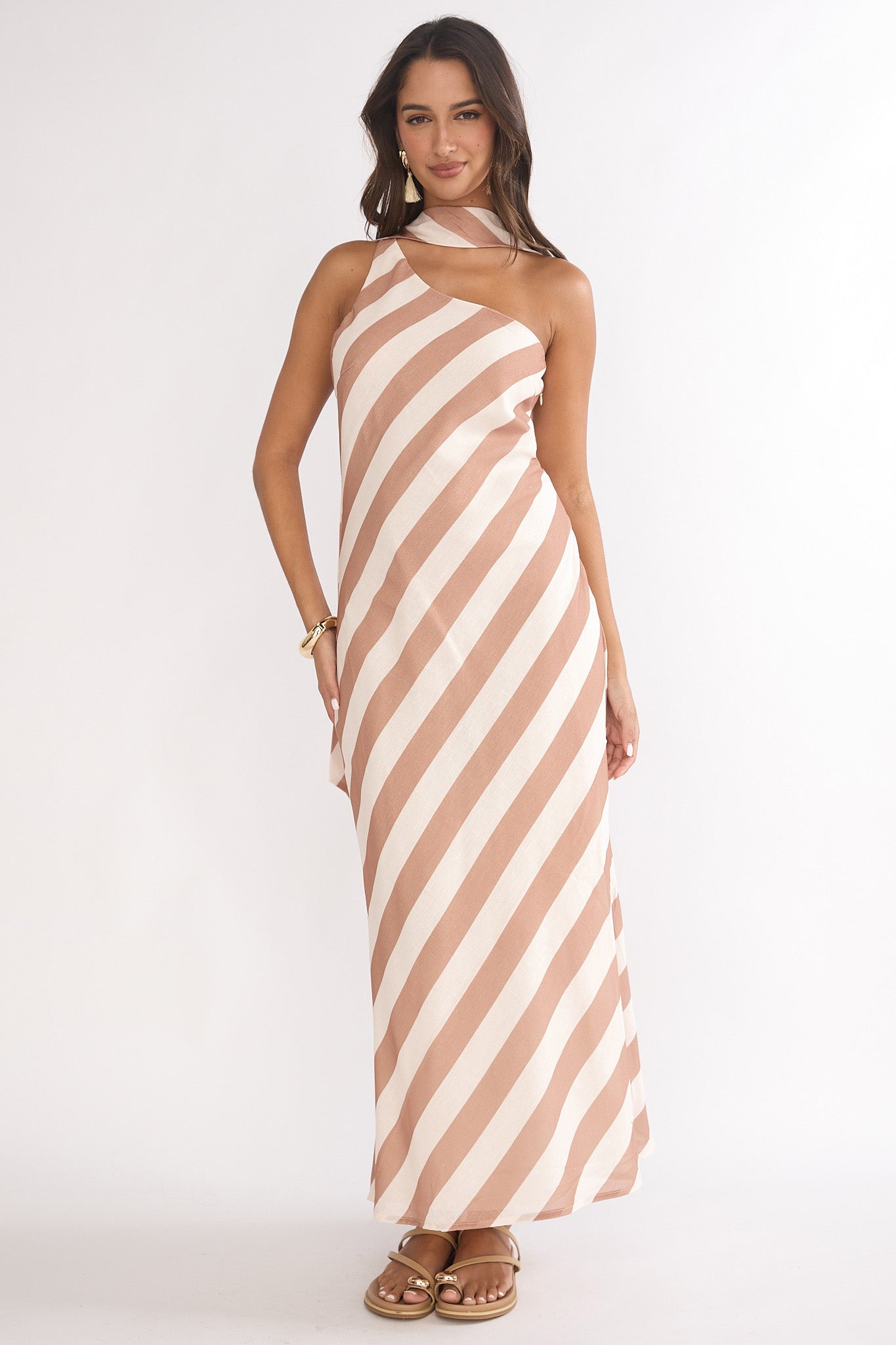 Mirona One Shoulder Scarf Maxi Dress Stripe Camel by Selfie Leslie Australia